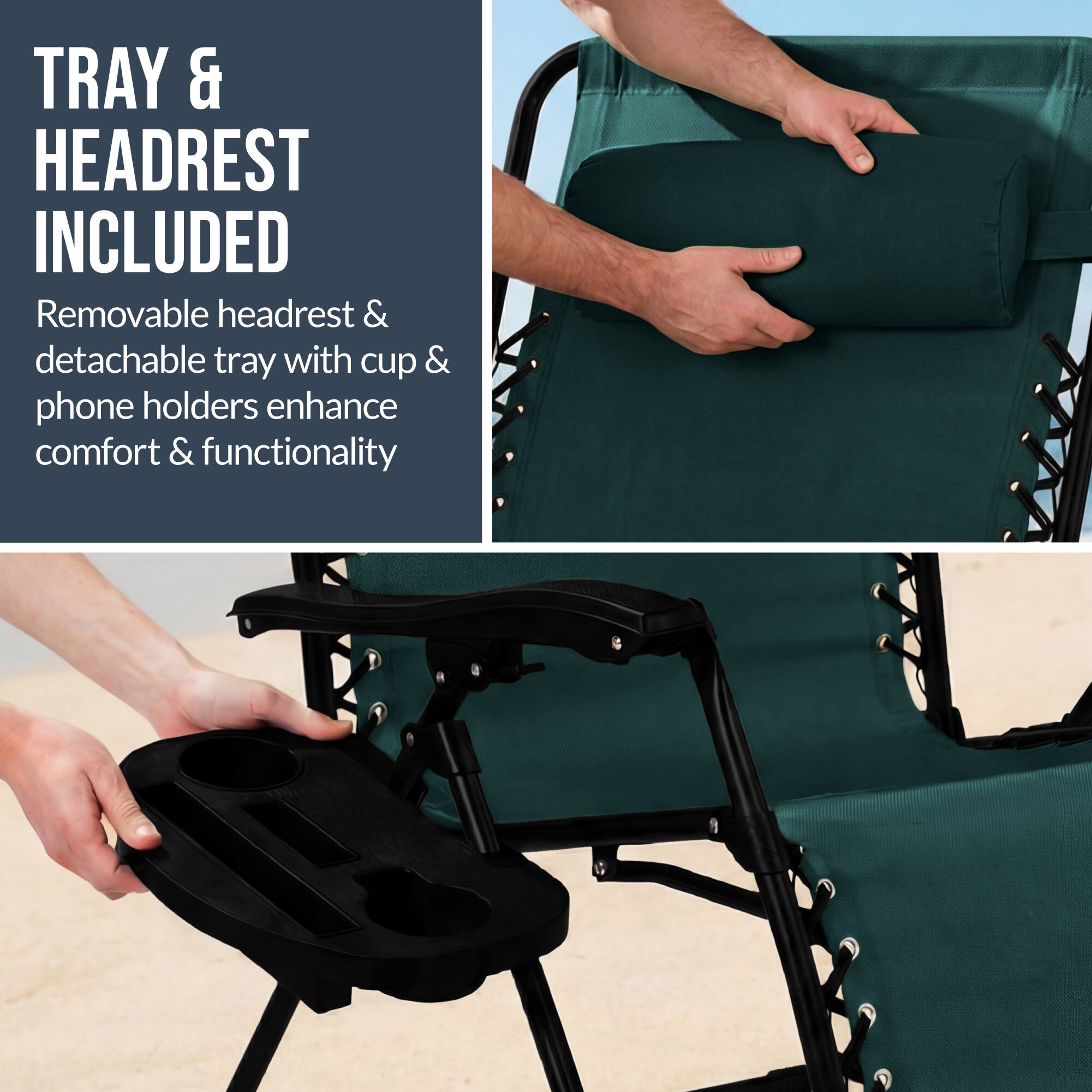 TRAY & HEADREST INCLUDED

Removable headrest & detachable tray with cup & phone holders enhance comfort & functionality