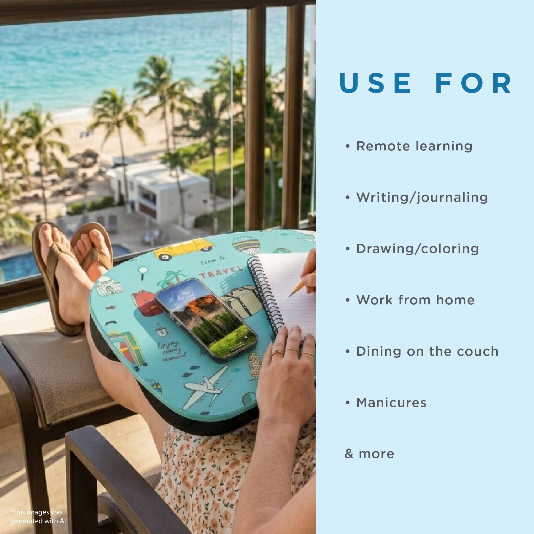 USE FOR  
Remote learning  
Writing/journaling  
Drawing/coloring  
Work from home  
Dining on the couch  
Manicures  
& more  

*This image was generated with AI