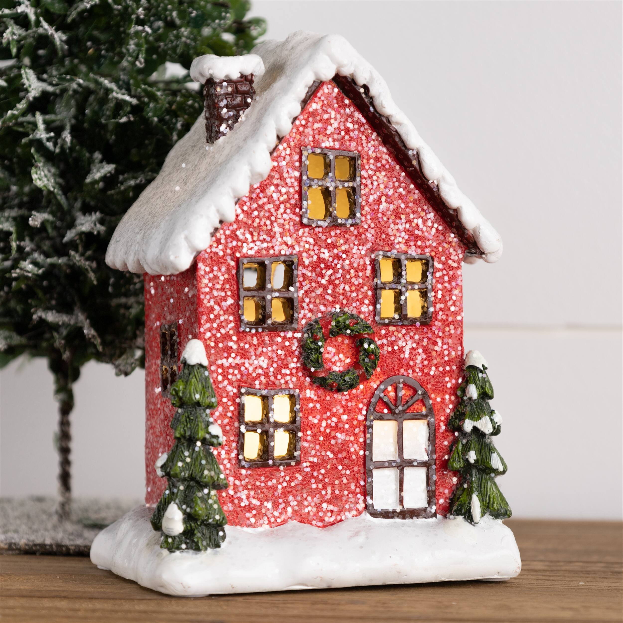 Angle. BreeBe - Lighted Winter Village Houses (Set of 2) - Red, Green.
