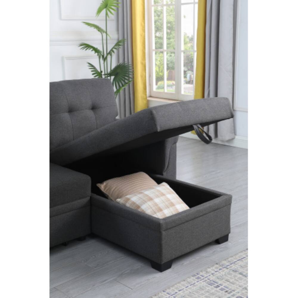 Left. LUCKY ONE - 84" Dark Gray Linen Reversible Sleeper Sectional Sofa with Storage Chaise, Pull-Out Bed, Space-Saving Design - Dark Gray.