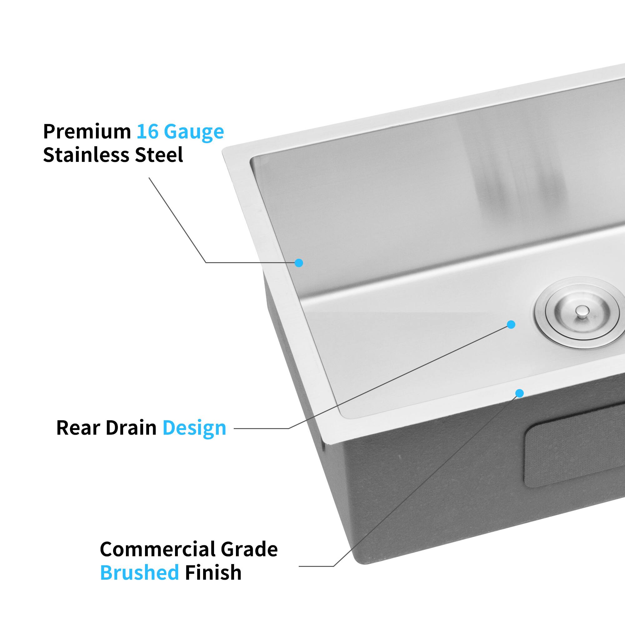 Premium 16 Gauge Stainless Steel  
Rear Drain Design  
Commercial Grade Brushed Finish