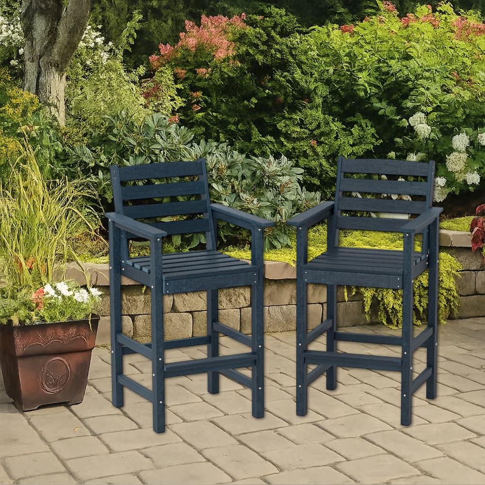 Hivvago - Set of 2 HDPE Outdoor Bar Chairs with Extra-Wide Armrests for Patio Use - Navy