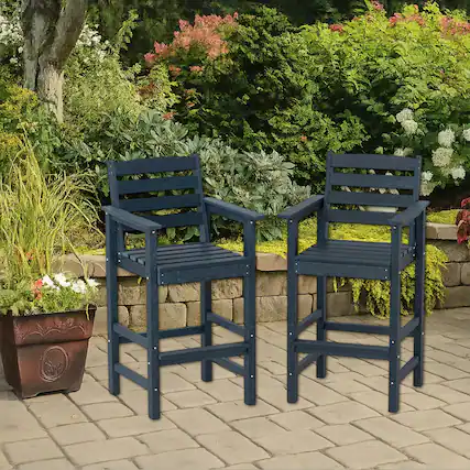 Front. Hivvago - Set of 2 HDPE Outdoor Bar Chairs with Extra-Wide Armrests for Patio Use - Navy.