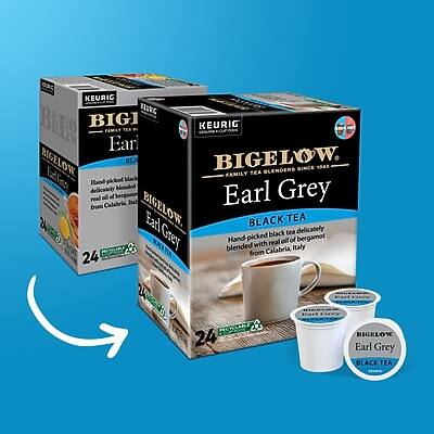 KEURIG BIGELOW Earl Grey BLACK TEA  
BIGELOW FAMILY TEA BLENDERS SINCE 1945  
Hand-picked black tea delicately blended with real oil of bergamot from Calabria, Italy  
24 K-CUPS