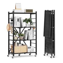 VEVOR - 4-Tier Foldable Storage Shelf, 26Wx13Dx46H Inch Folding Metal Rack Shelving Unit, Heavy Duty No Assembly Organizer Shelf - Black