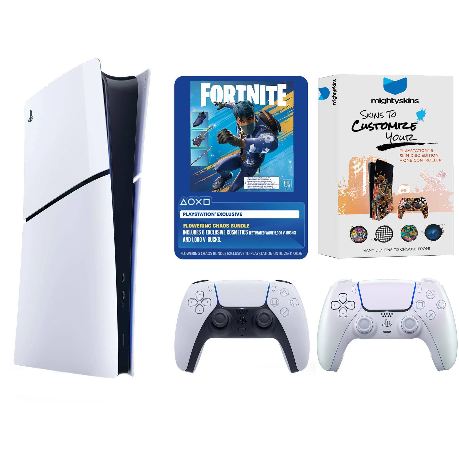 PlayStation 5 Disc Fortnite Flowering Chaos Bundle with Extra Controller and MightySkins Code - PlayStation 5