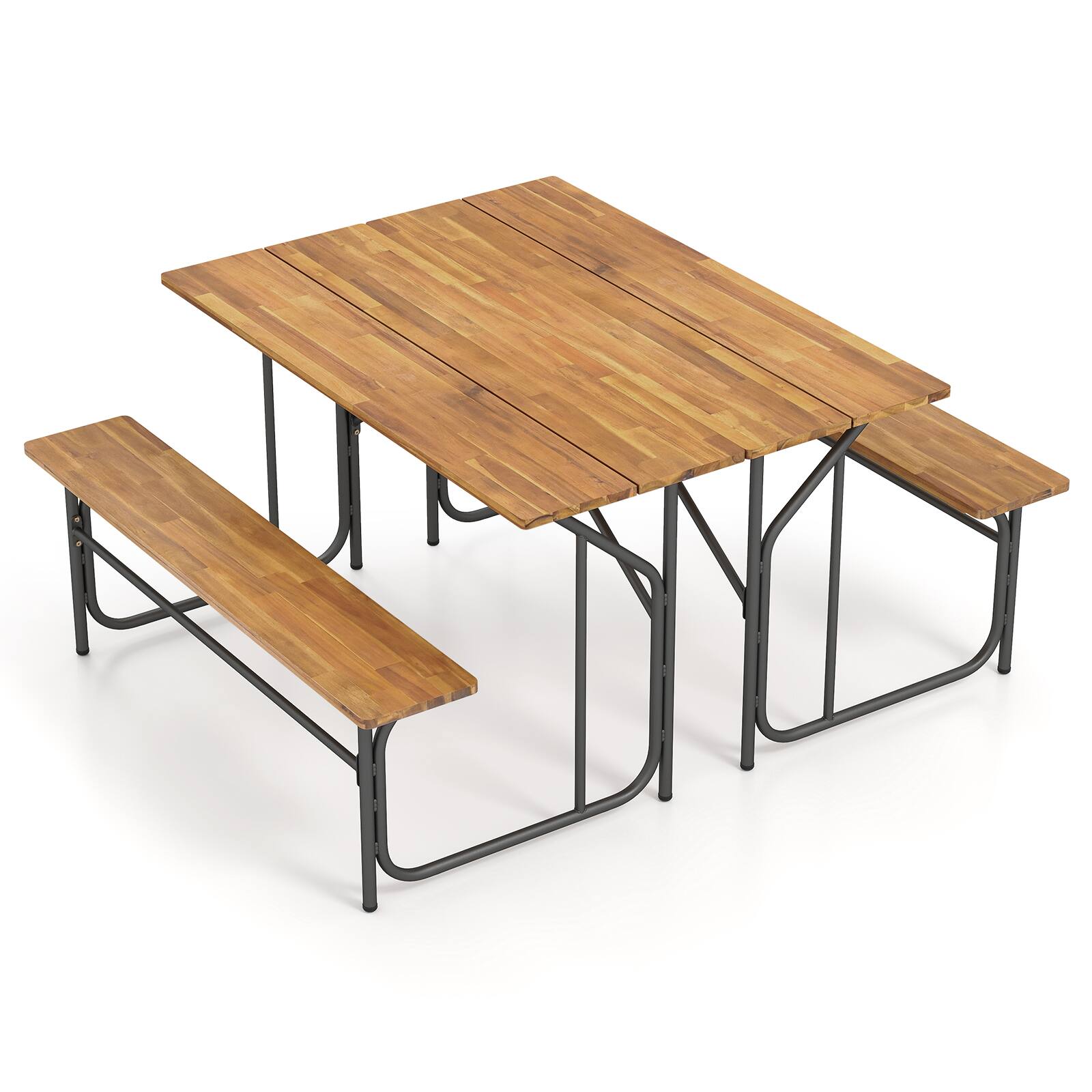 Alt View 8. Gymax - Gymax 2PCS Table Bench Set for 2 Picnic Table & Loveseat w/Acacia Wood Top Metal Legs - Black.