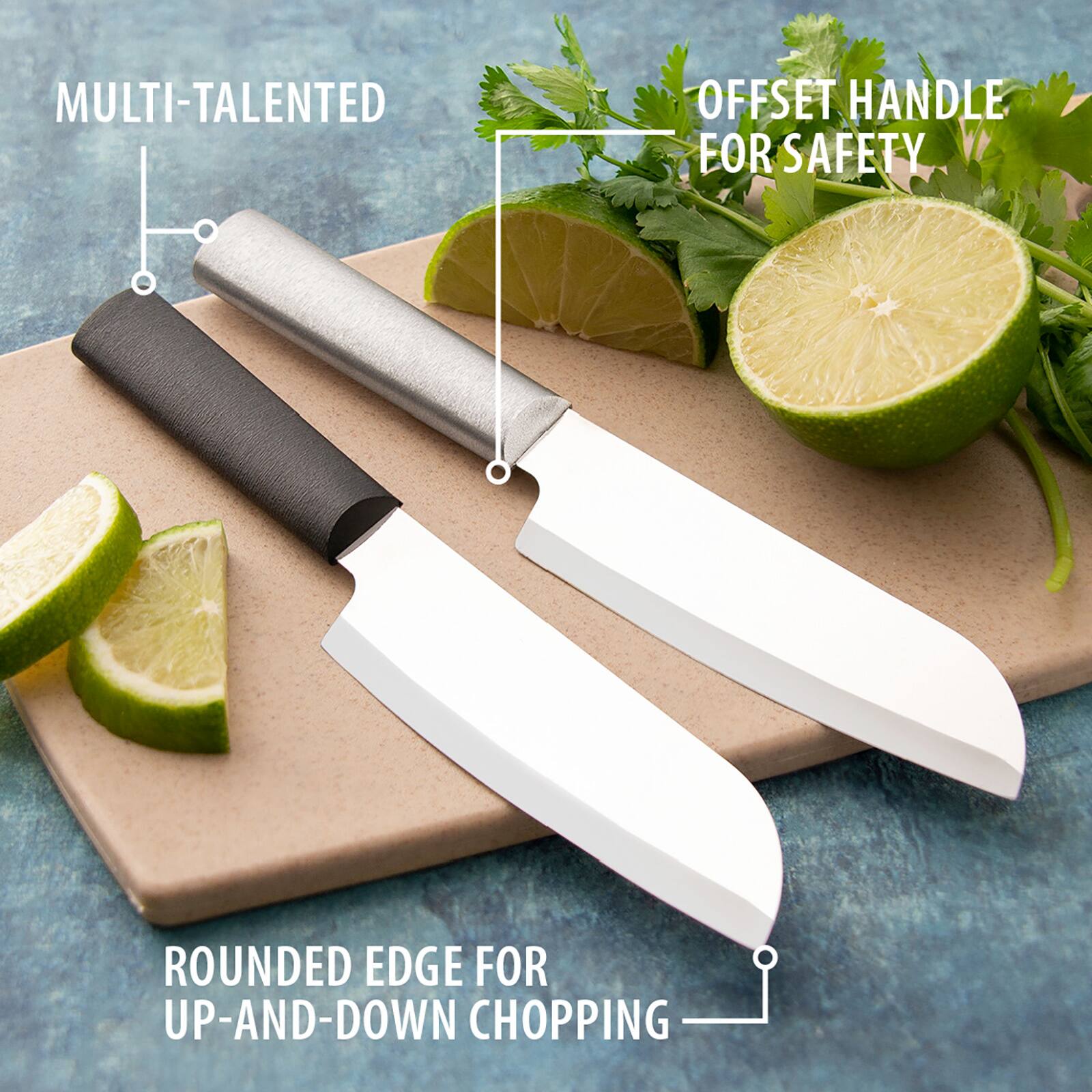 MULTI-TALENTED OFFSET HANDLE FOR SAFETY ROUNDED EDGE FOR UP-AND-DOWN CHOPPING