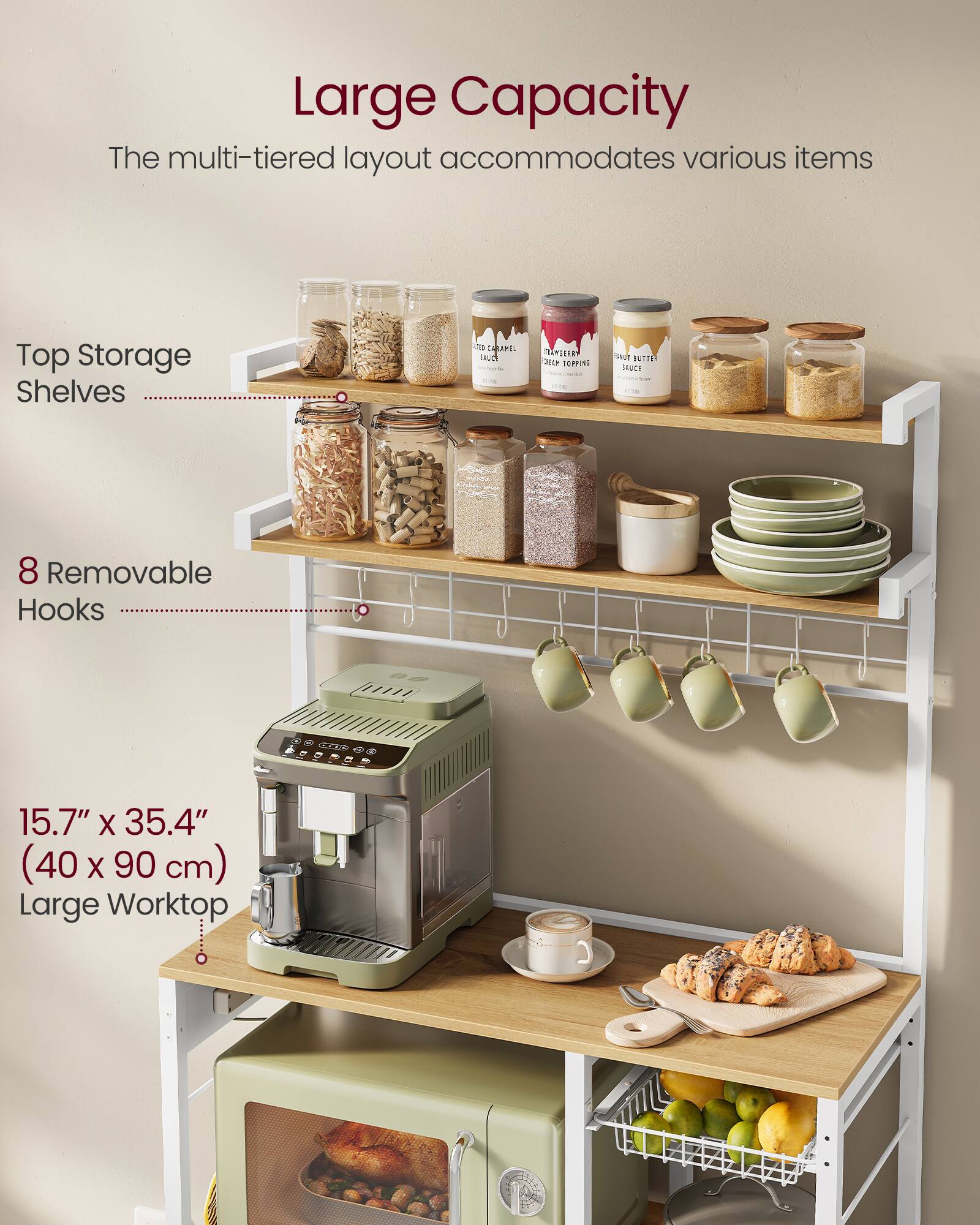 Large Capacity  
The multi-tiered layout accommodates various items  

Top Storage Shelves  

8 Removable Hooks  

15.7" x 35.4" (40 x 90 cm)  
Large Worktop