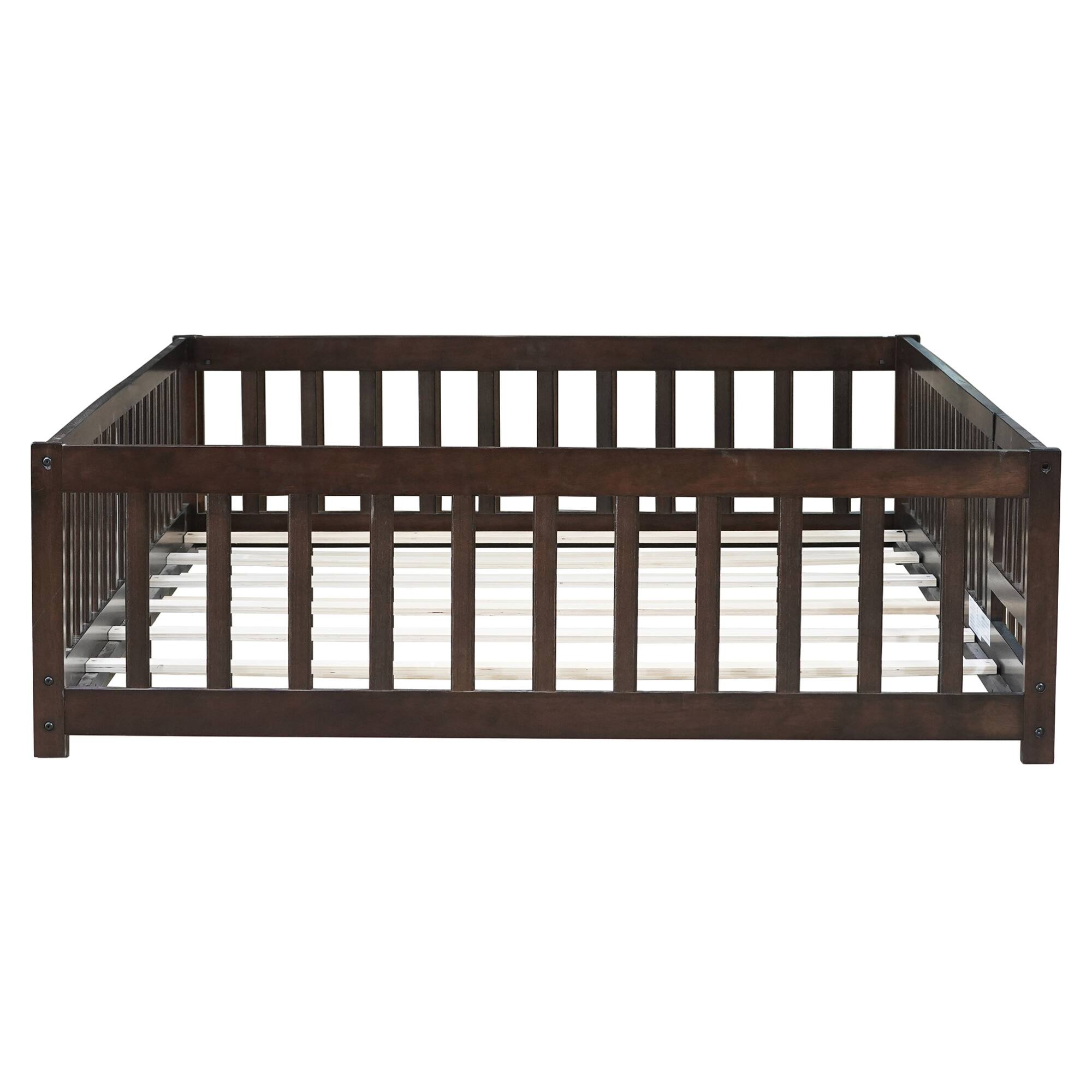 Alt View 9. GOODSILO - Full Size Low Profile Children's Floor Bed with Safety Guardrails and Entry Door, Solid Wood Construction - Espresso.