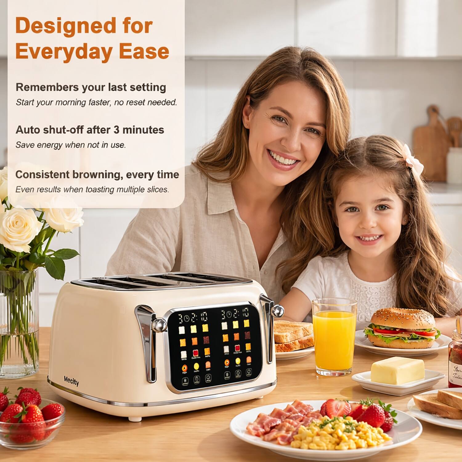 Designed for Everyday Ease

- Remembers your last setting
  - Start your morning faster, no reset needed.
- Auto shut-off after 3 minutes
  - Save energy when not in use.
- Consistent browning, every time
  - Even results when toasting multiple slices.

308 10 3020

Mecity

8

Your Tota