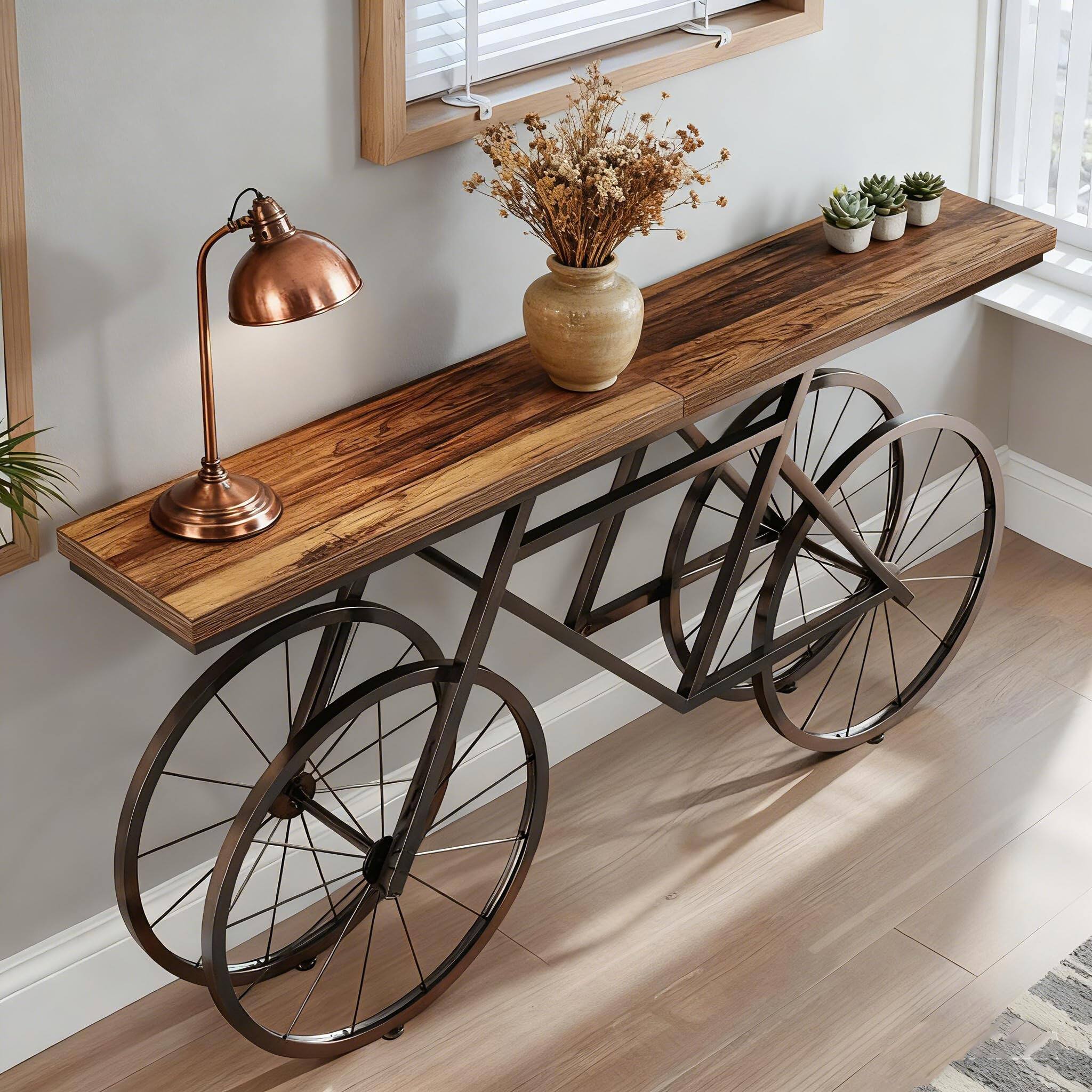Back. Tribesigns - Extra Long Console Table, 70.9-Inch Narrow Sofa Table Behind Couch with Bicycle Metal Base, Industrial Entryway Table fo - Brown.