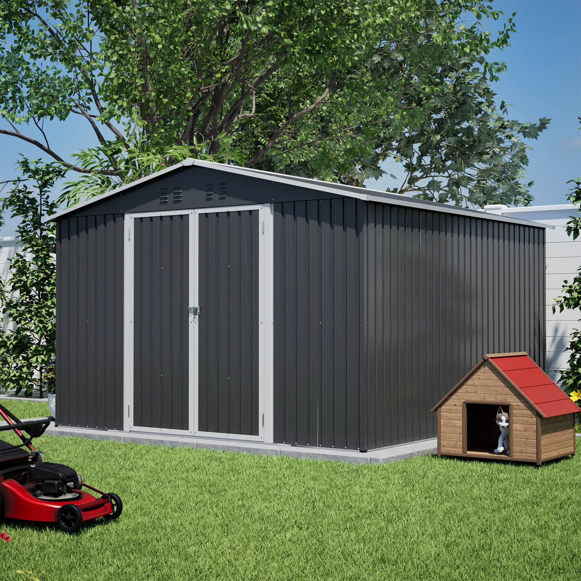 Alt View 4. Loheer - Loheer 10x10 Metal Storage Shed Heavy Duty Black Outdoor Garden Shed Lockable Double Doors.