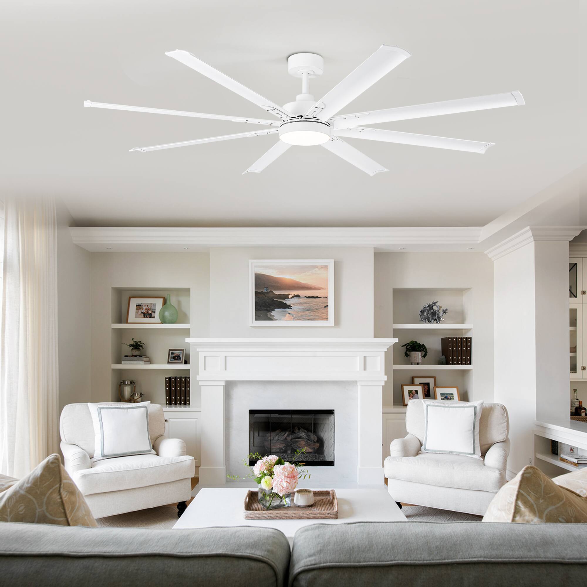 Alt View 1. Breezary - 72-In Large Ceiling Fan with 8 Aluminum Blades, DC Motor, 6-Speed Remote with Timer, 2 Downrods, Light/No Light Option - Matte White (With Light).