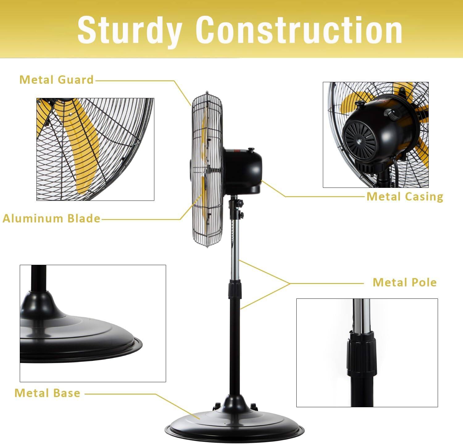 Sturdy Construction  
- Metal Guard  
- Metal Casing  
- Aluminum Blade  
- Metal Pole  
- Metal Base