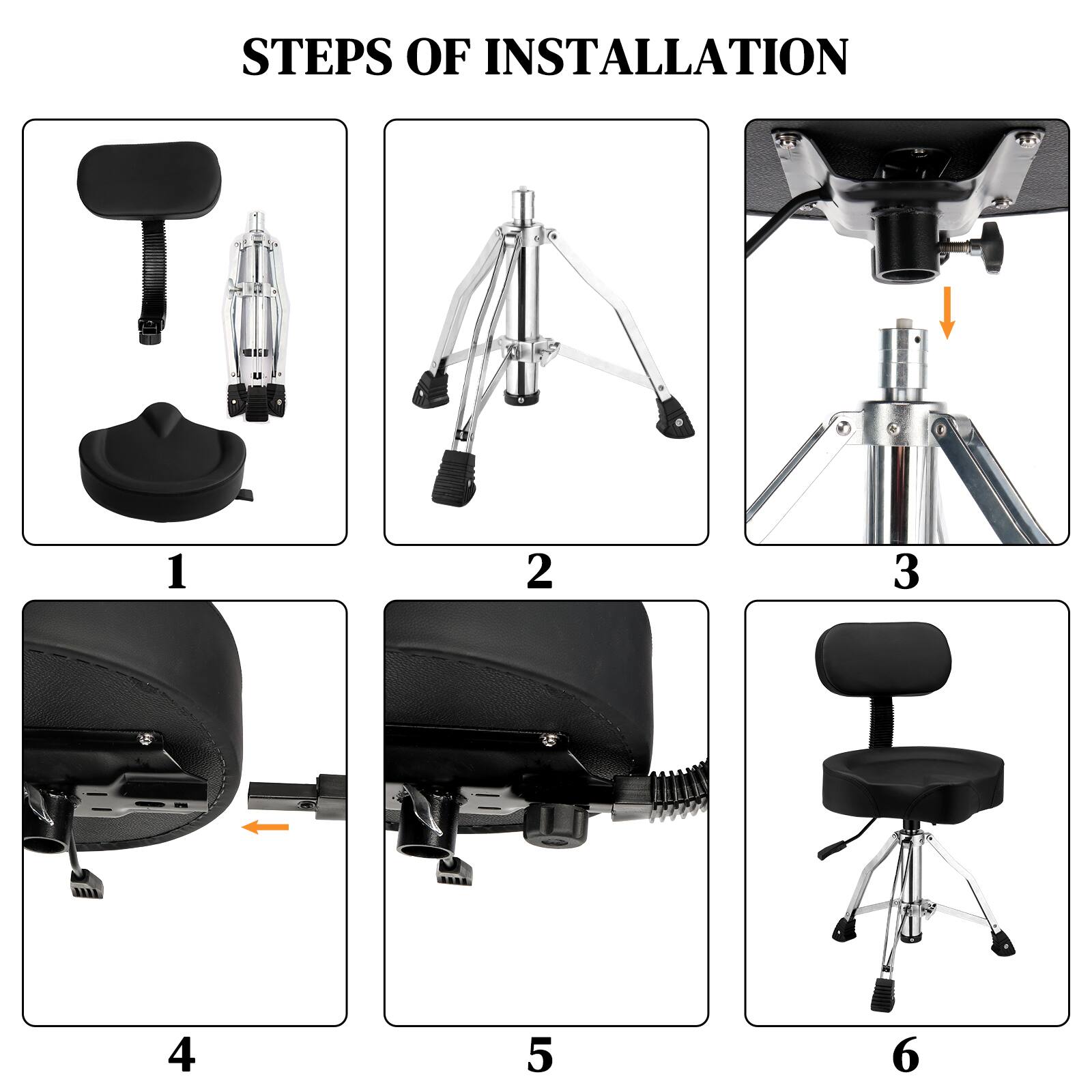 STEPS OF INSTALLATION

1. Assemble the base and legs.
2. Attach the seat to the base.
3. Mount the camera on the tripod.
4. Attach the camera mount to the car's ceiling.
5. Secure the camera mount to the car's ceiling.
6. Place the seat in the car.