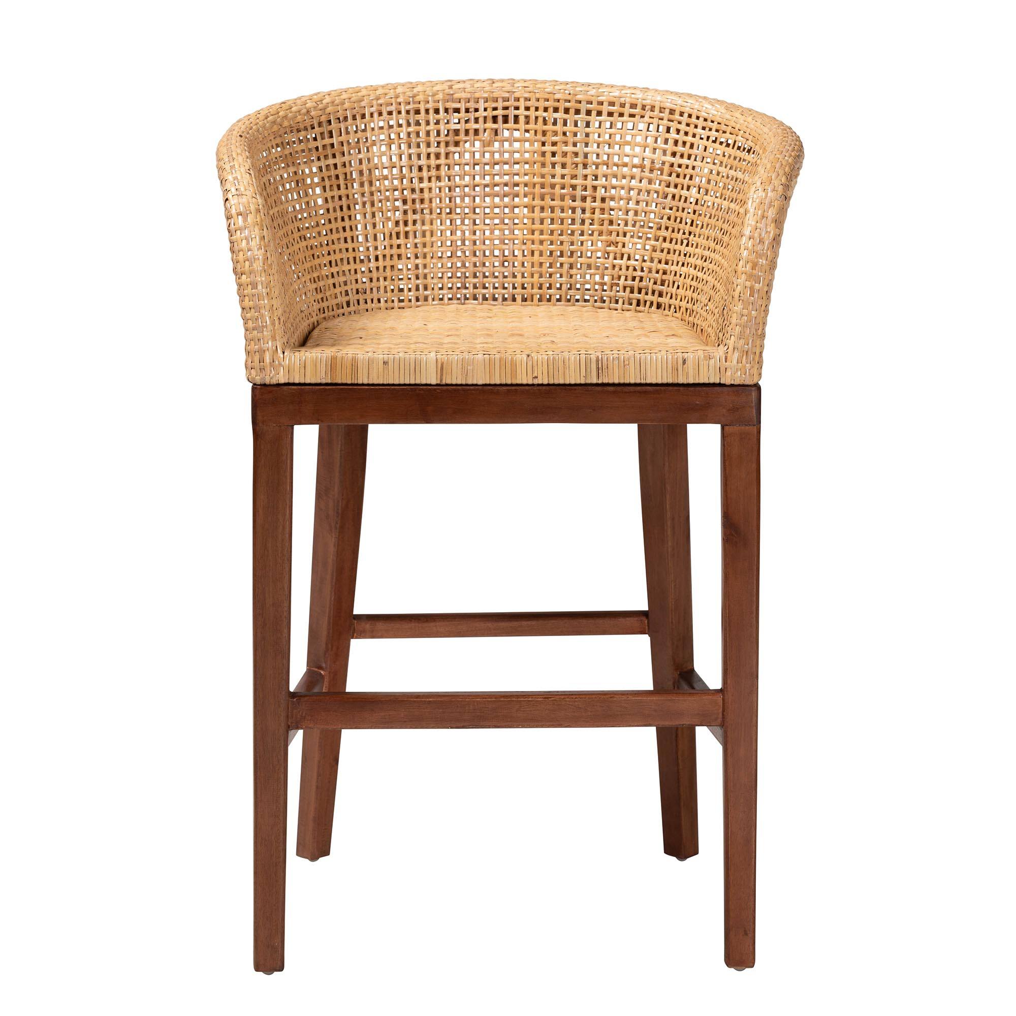 Angle. bali & pari - Papua Modern Bohemian Natural Rattan and Walnut Acacia Wood Counter Stool - Natural Brown/Walnut Brown.