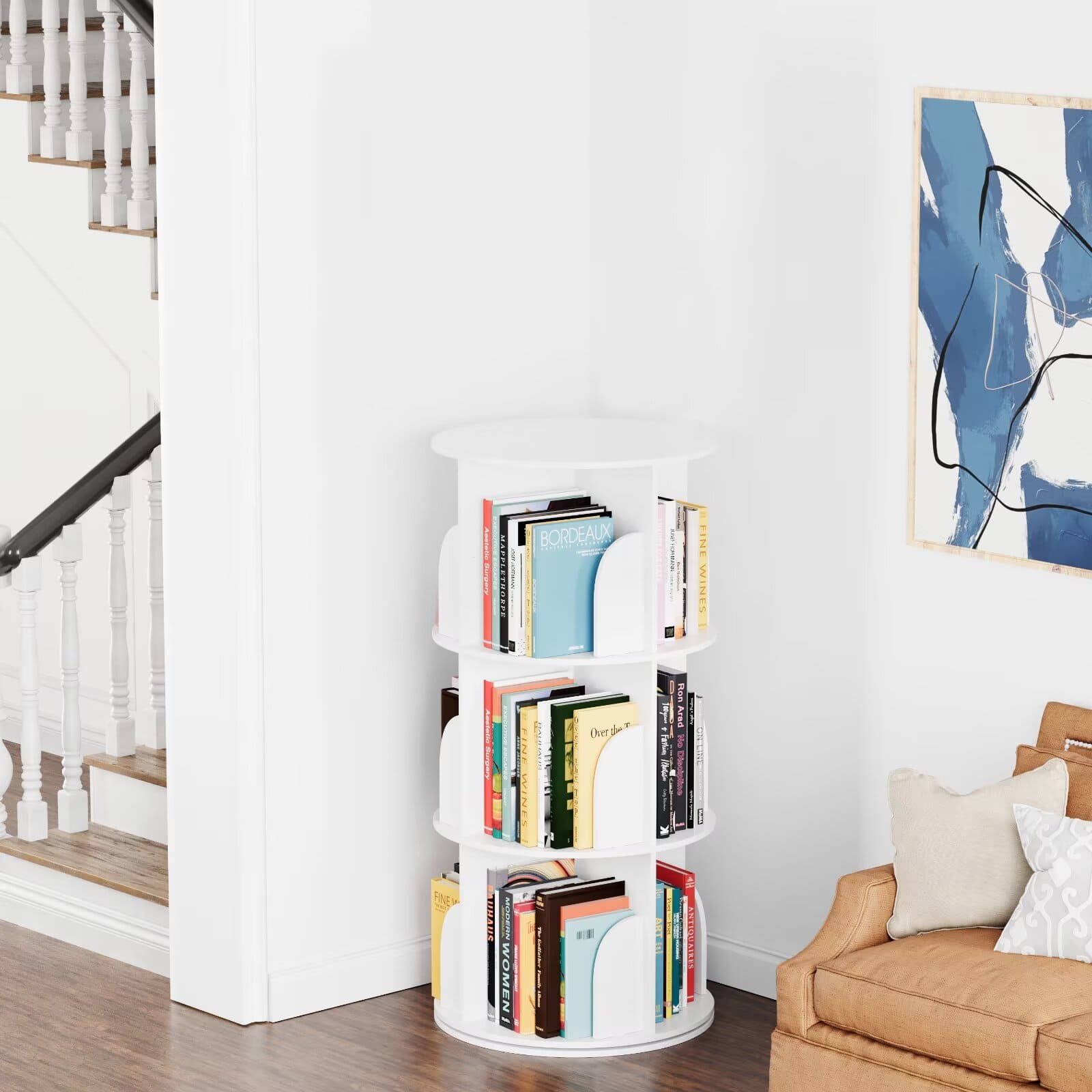 Tooloton - 360-Degree Rotating Bookcase, 3-Tier Spinning Shelf Unit, Revolving Storage Carousel Organizer - White