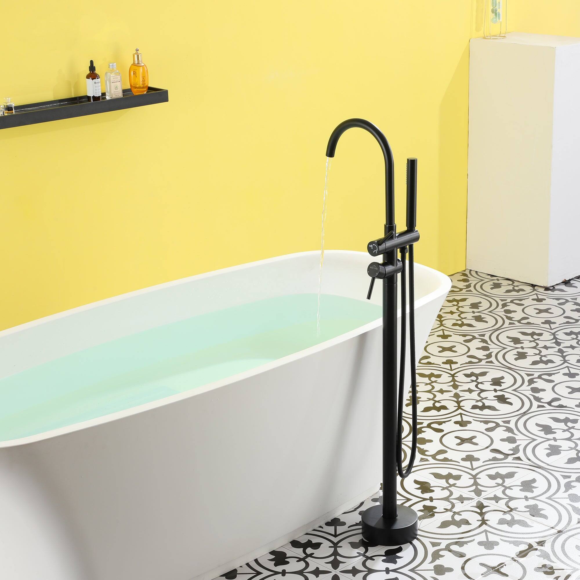 Alt View 5. Boyel Living - Freestanding Floor Mount 2-Handle Bath Tub Filler Faucet with Handheld Shower in Matte Black - Matte Black.