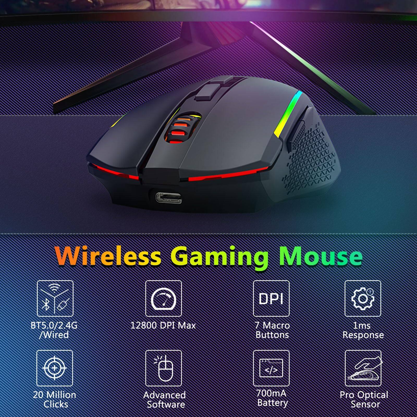 Wireless Gaming Mouse

- BT5.0/2.4G / Wired
- 12800 DPI Max
- 7 Macro Buttons
- 1ms Response
- 20 Million Clicks
- Advanced Software
- 700mA Battery
- Pro Optical Sensor