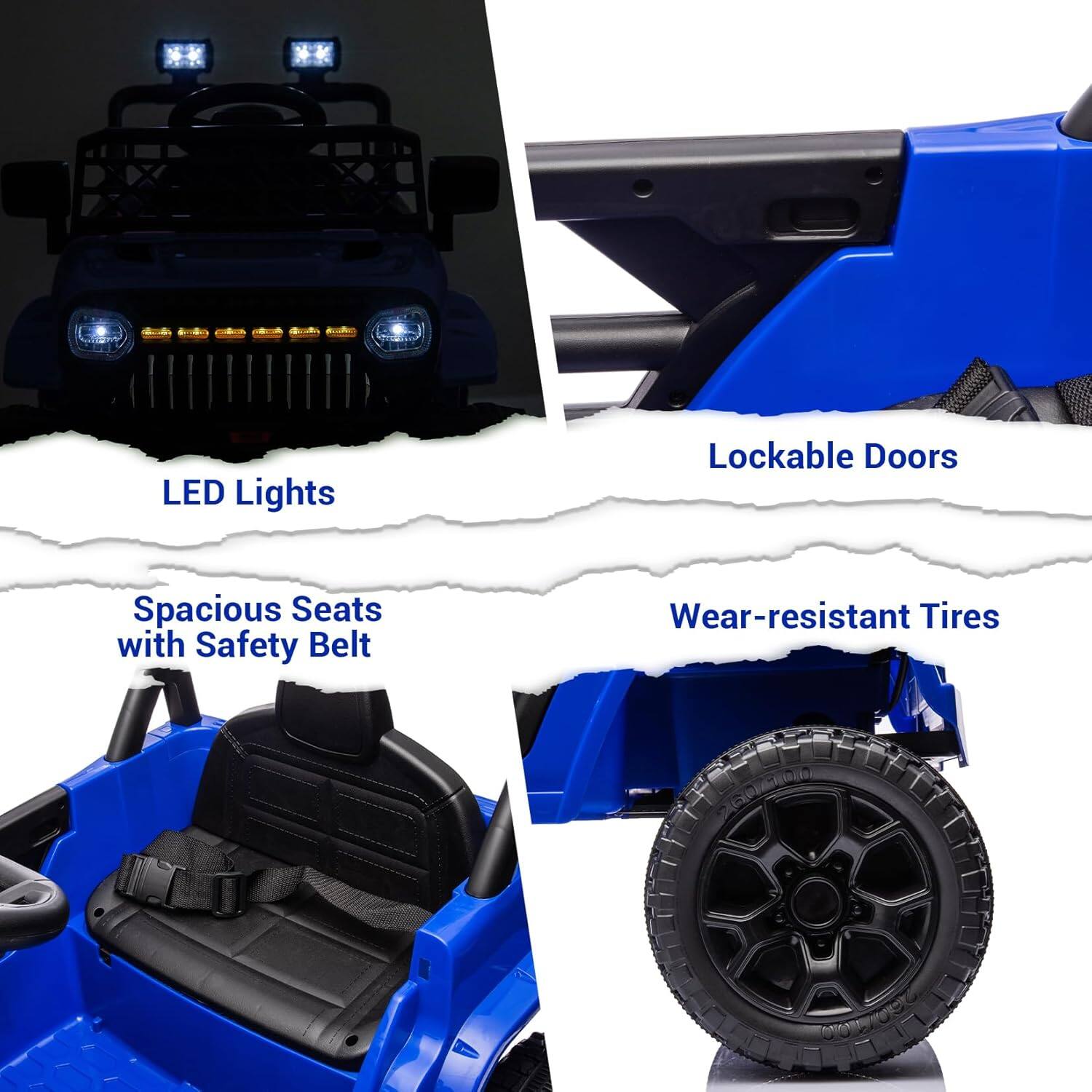 LED Lights  
Lockable Doors  
Spacious Seats with Safety Belt  
Wear-resistant Tires