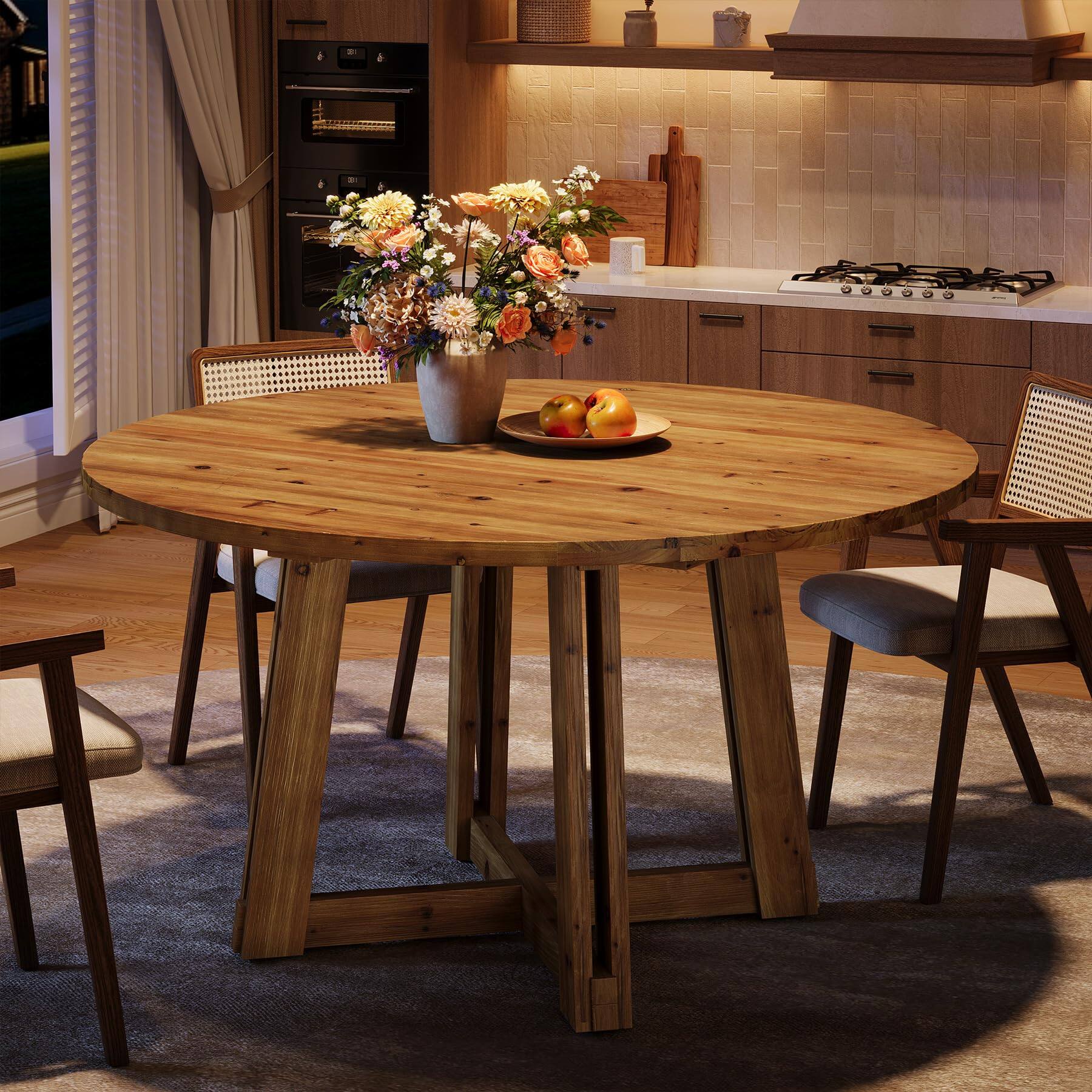 Alt View 1. Tribesigns - 47.3" Solid Wood Dining Table for 4-6, Round Wood Kitchen Table - Brown.