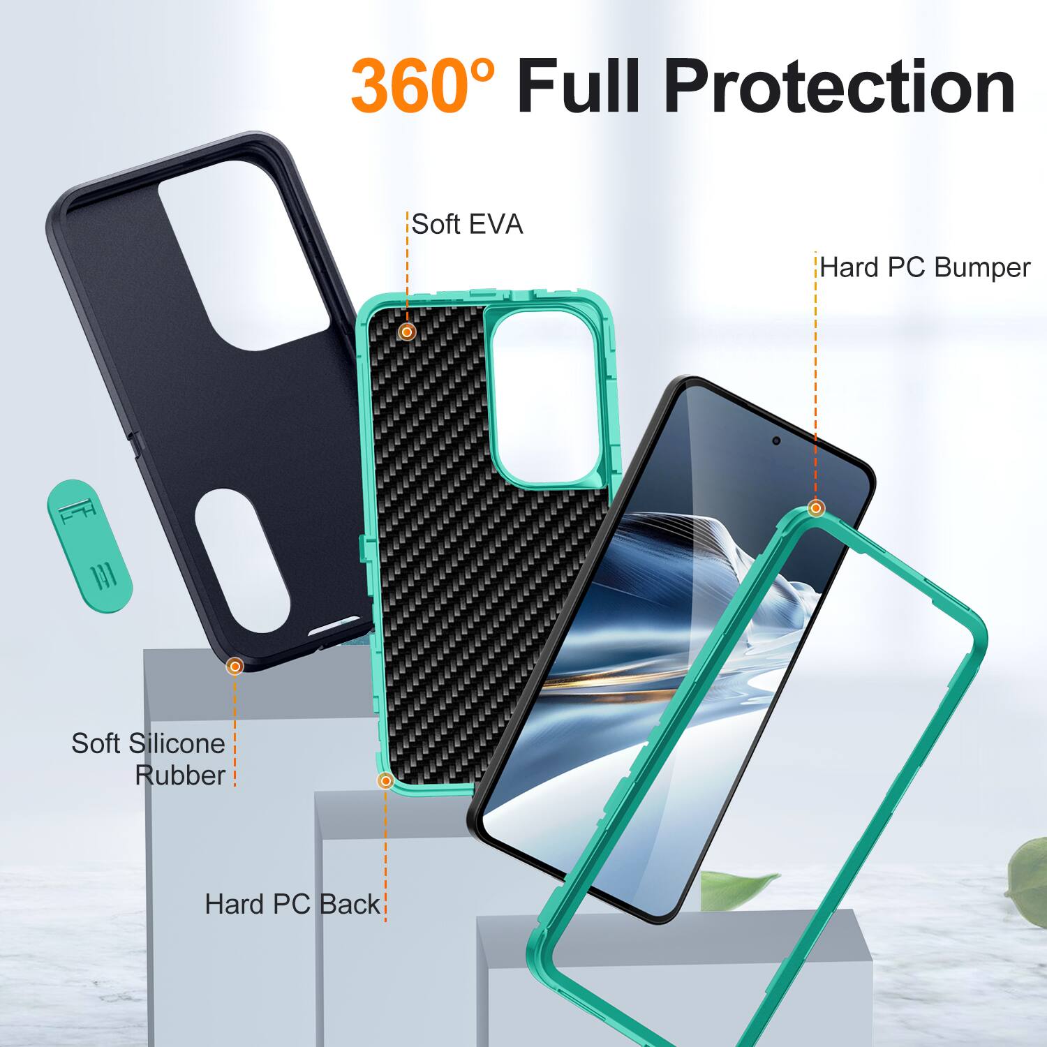 360° Full Protection

- Soft EVA
- Hard PC Bumper
- Soft Silicone Rubber
- Hard PC Back