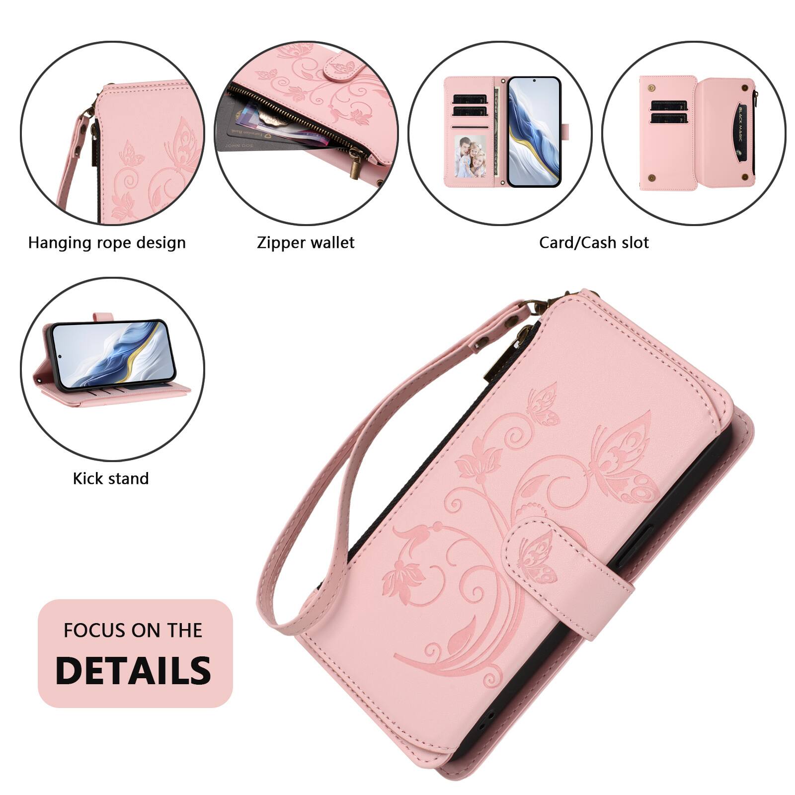 - Hanging rope design
- Zipper wallet
- Card/Cash slot
- Kick stand
- FOCUS ON THE DETAILS