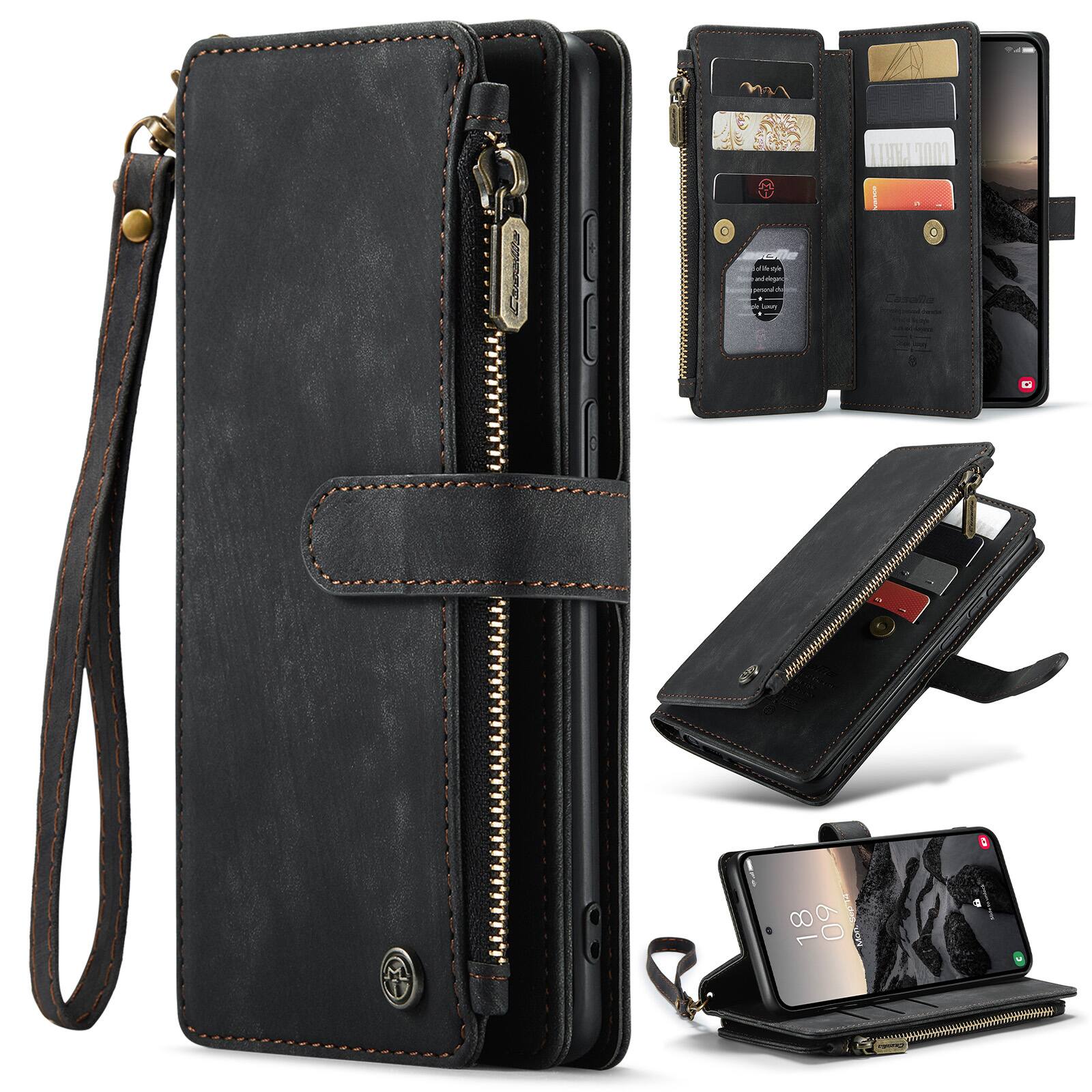 Angle. Dteck - For Samsung Galaxy A36 5G Premium Leather Shockproof Purse Case with Credit Card Slots Zipper Pocket Cover + Wriststrap - Black.
