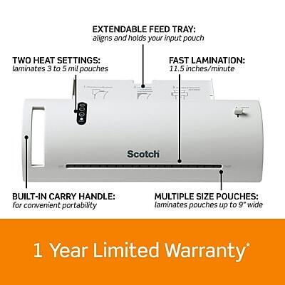 EXTENDABLE FEED TRAY: aligns and holds your input pouch

TWO HEAT SETTINGS: laminates 3 to 5 mil pouches

FAST LAMINATION: 11.5 inches/minute

BUILT-IN CARRY HANDLE: for convenient portability

MULTIPLE SIZE POUCHES: laminates pouches up to 9" wide

1 Year Limited Warranty