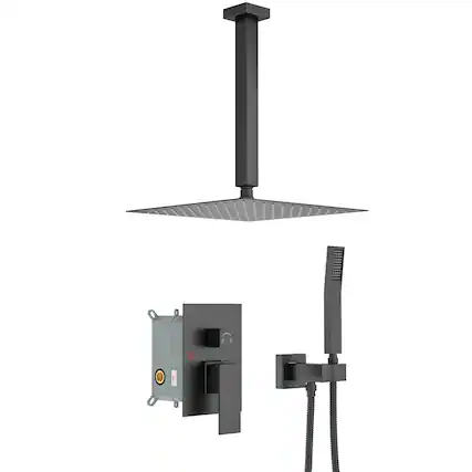 Front. Lordear - Dual Shower Head - 10 Inch Ceiling Mount Square Shower System with Rough-in Valve,Matte black - Matte Black.