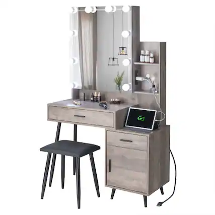 Front. Winado - Farmhouse Vanity Makeup Desk Big Modern Makeup Table Set with Stool for Bedroom - Retro Gray.