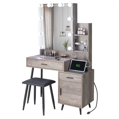 Front. Winado - Farmhouse Vanity Makeup Desk Big Modern Makeup Table Set with Stool for Bedroom - Retro Gray.