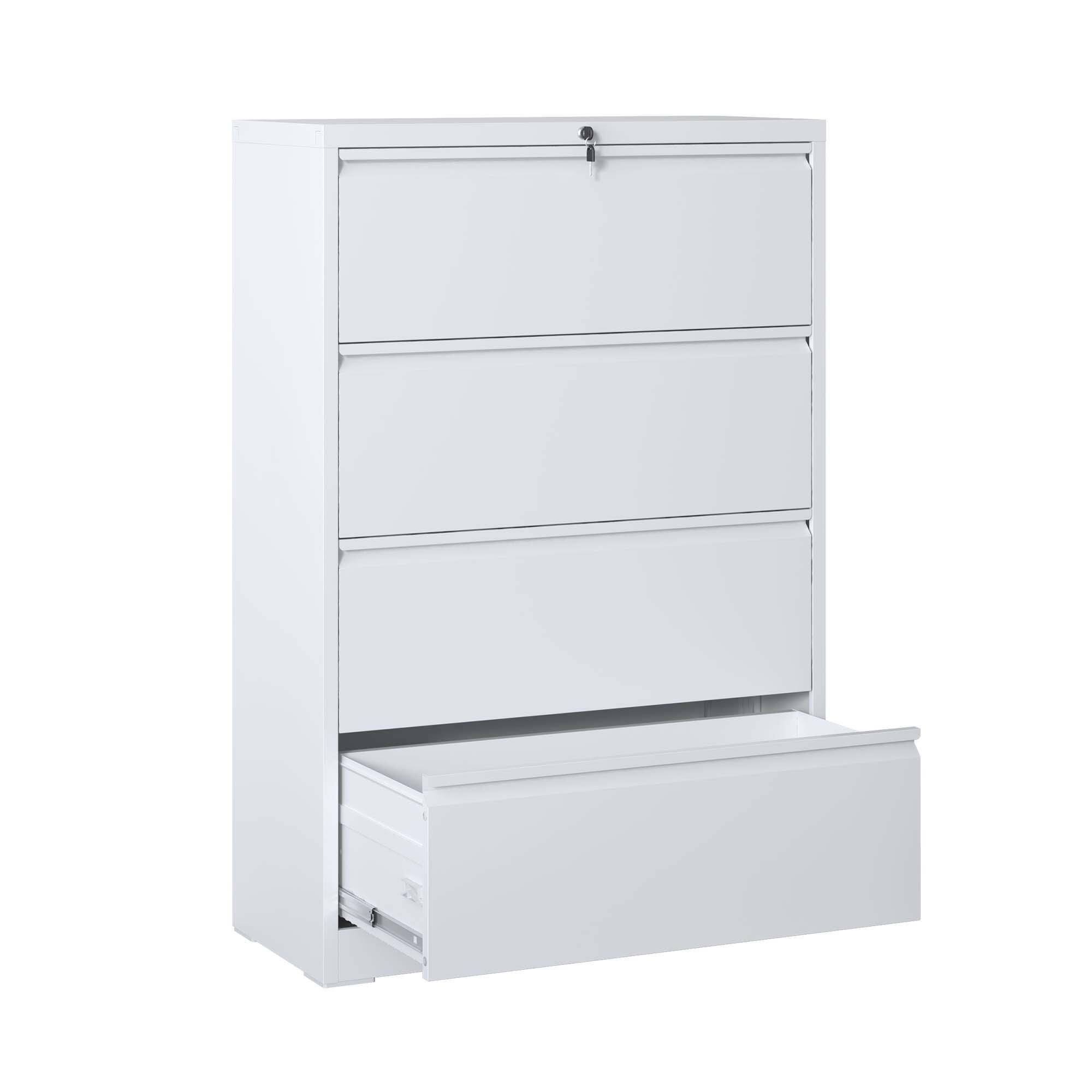 Angle. Mirfee - 4-Drawer Lateral File Cabinet with Lock, for Legal/Letter/A4/F4 Files - White.