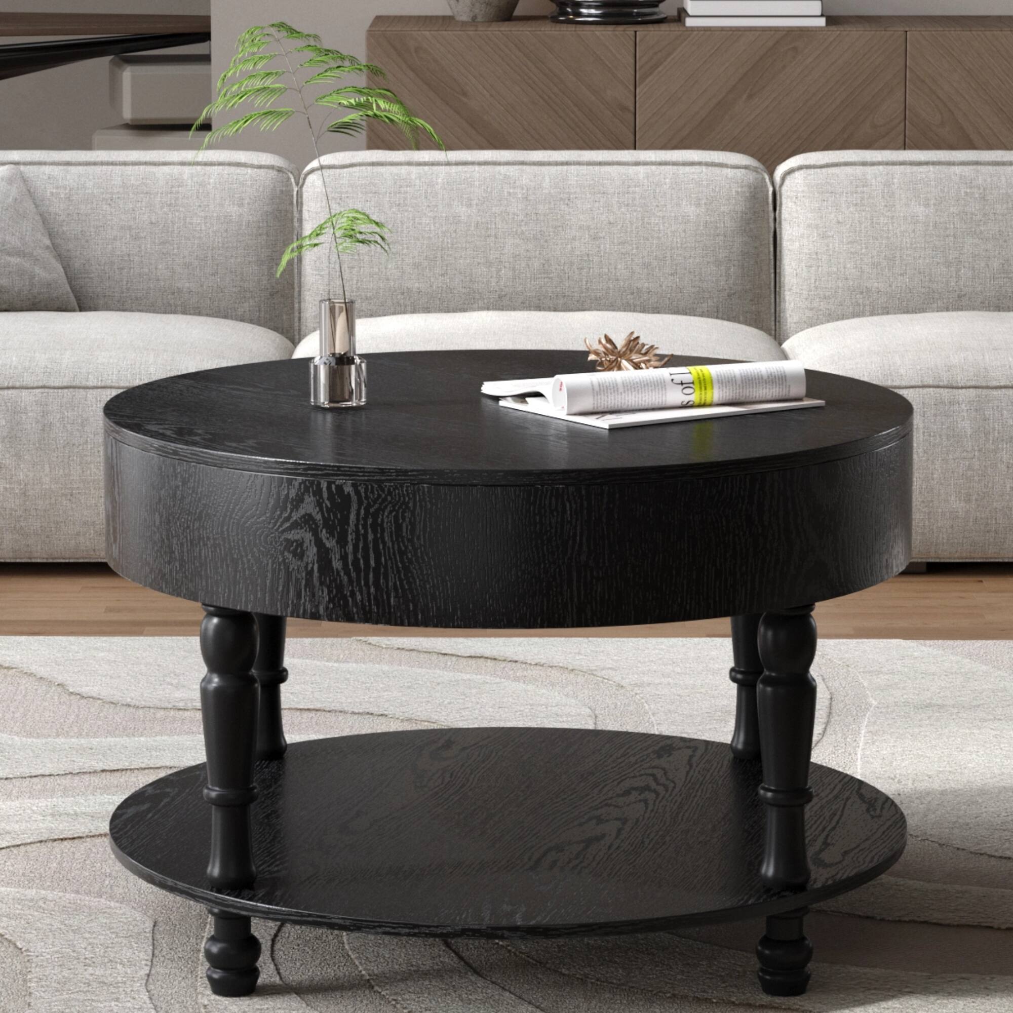Alt View 2. Lirago - 32" Modern Round Coffee Table Black with Dual Storage Hidden Compartment Adjustable Leveling Feet - Black.