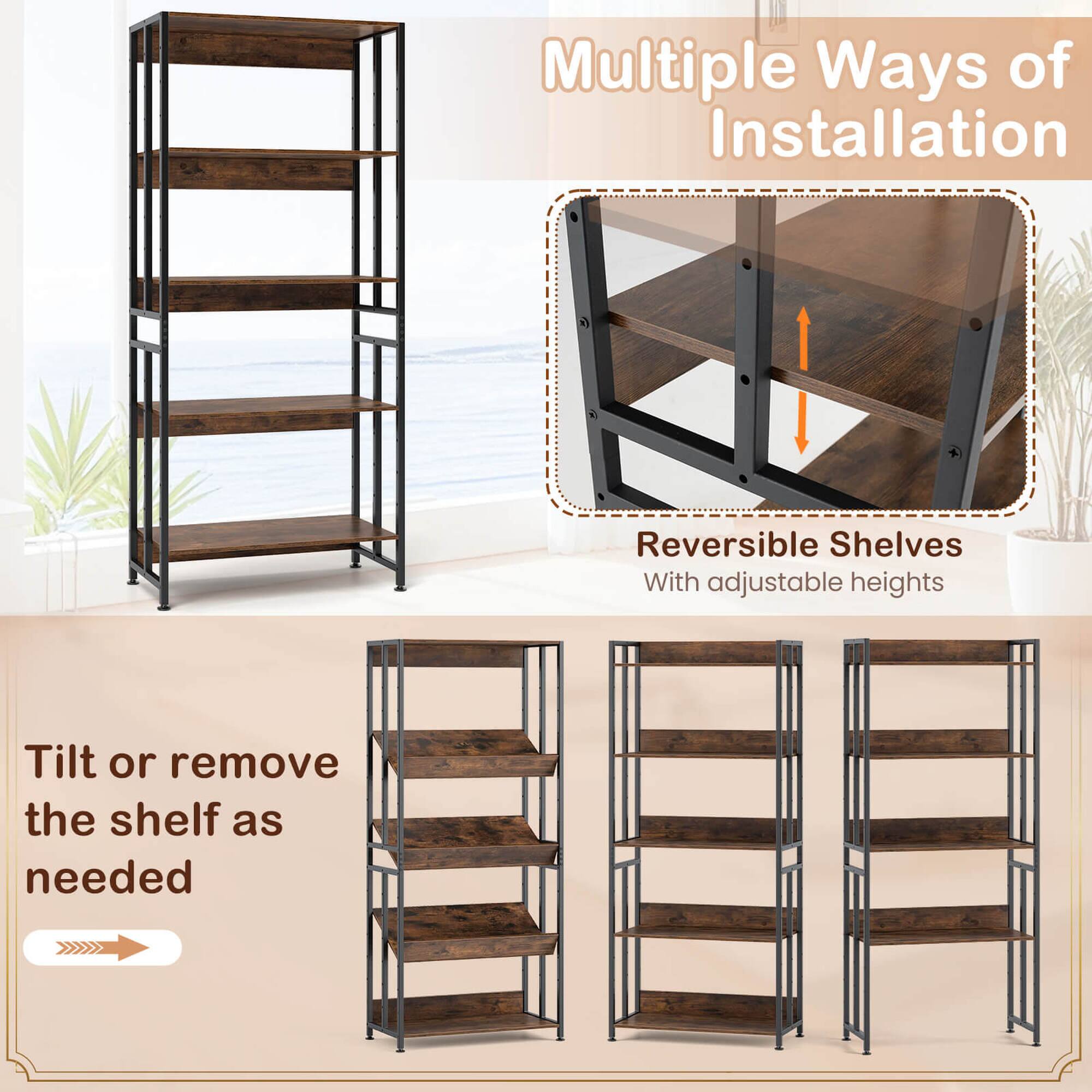 Multiple Ways of Installation
Reversible Shelves With adjustable heights
Tilt or remove the shelf as needed