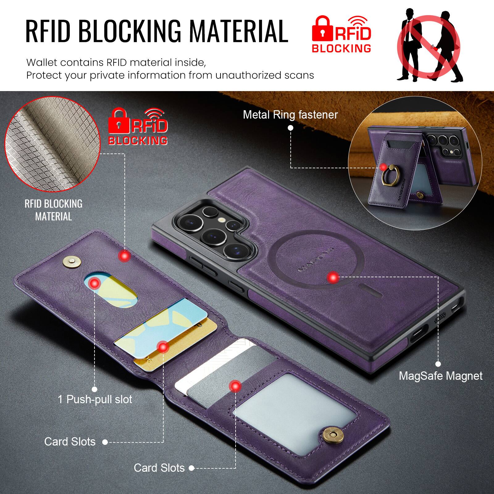 RFID BLOCKING MATERIAL

Wallet contains RFID material inside, Protect your private information from unauthorized scans

RFID BLOCKING MATERIAL

Metal Ring fastener

1 Push-pull slot

Card Slots

Card Slots

MagSafe Magnet