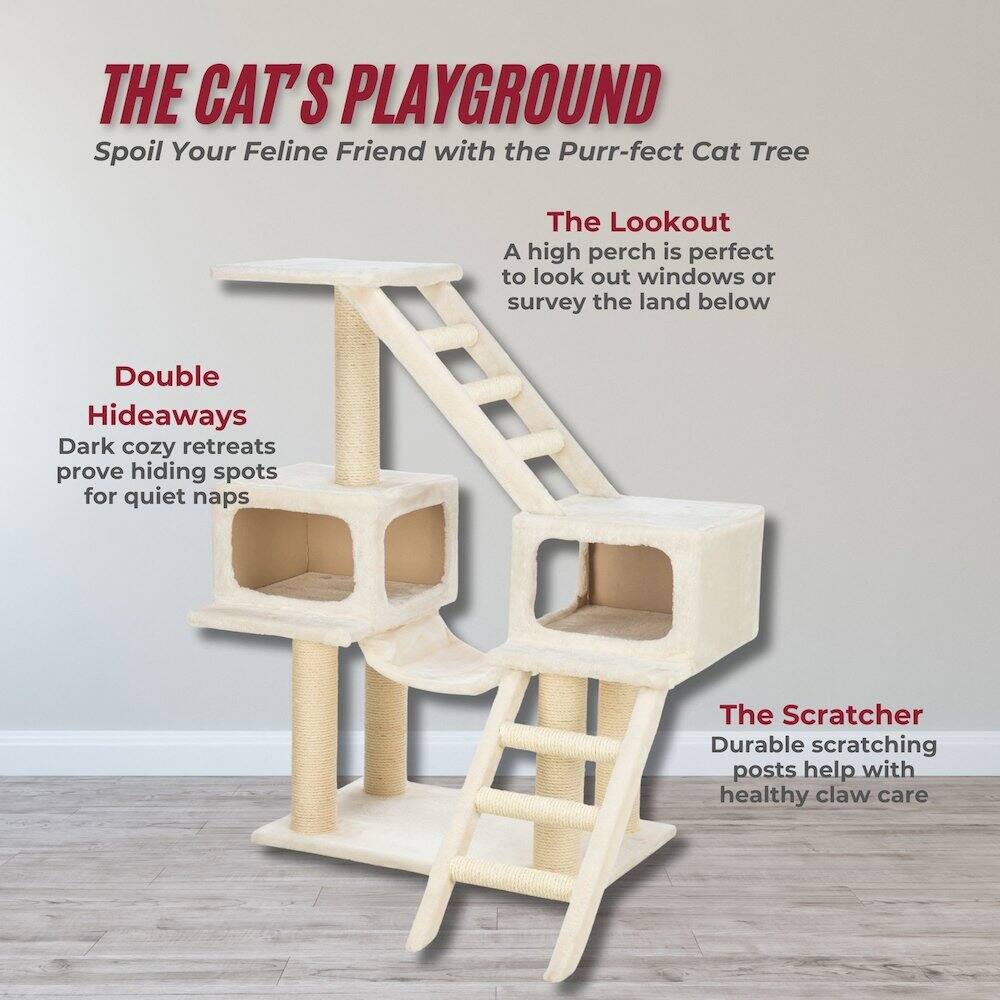 THE CAT'S PLAYGROUND  
Spoil Your Feline Friend with the Purr-fect Cat Tree  

The Lookout  
A high perch is perfect to look out windows or survey the land below  

Double Hideaways  
Dark cozy retreats prove hiding spots for quiet naps  

The Scratcher  
Durable scratching posts help with healthy claw care