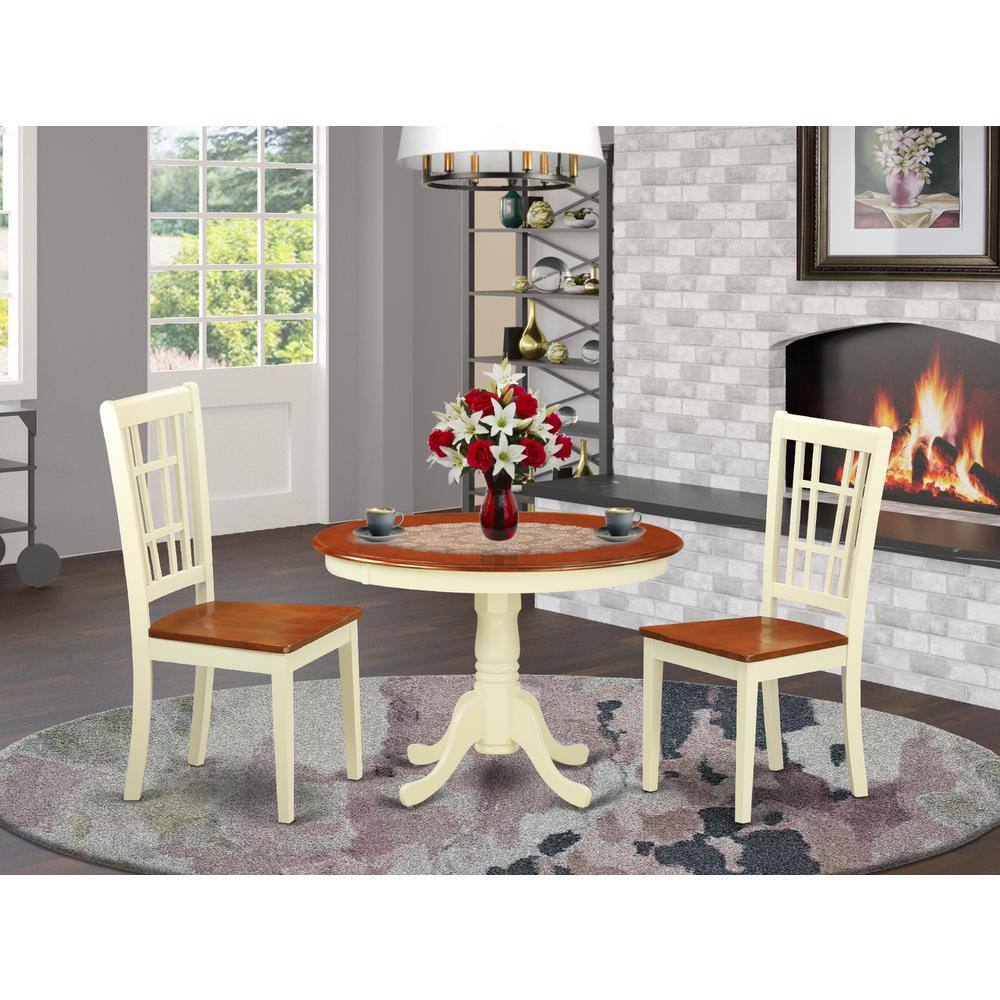 Back. East West Furniture - 3 Pc set with a Round Small Table and 2 Wood Dinette Chairs in Buttermilk and Cherry . - Buttermilk & Cherry.
