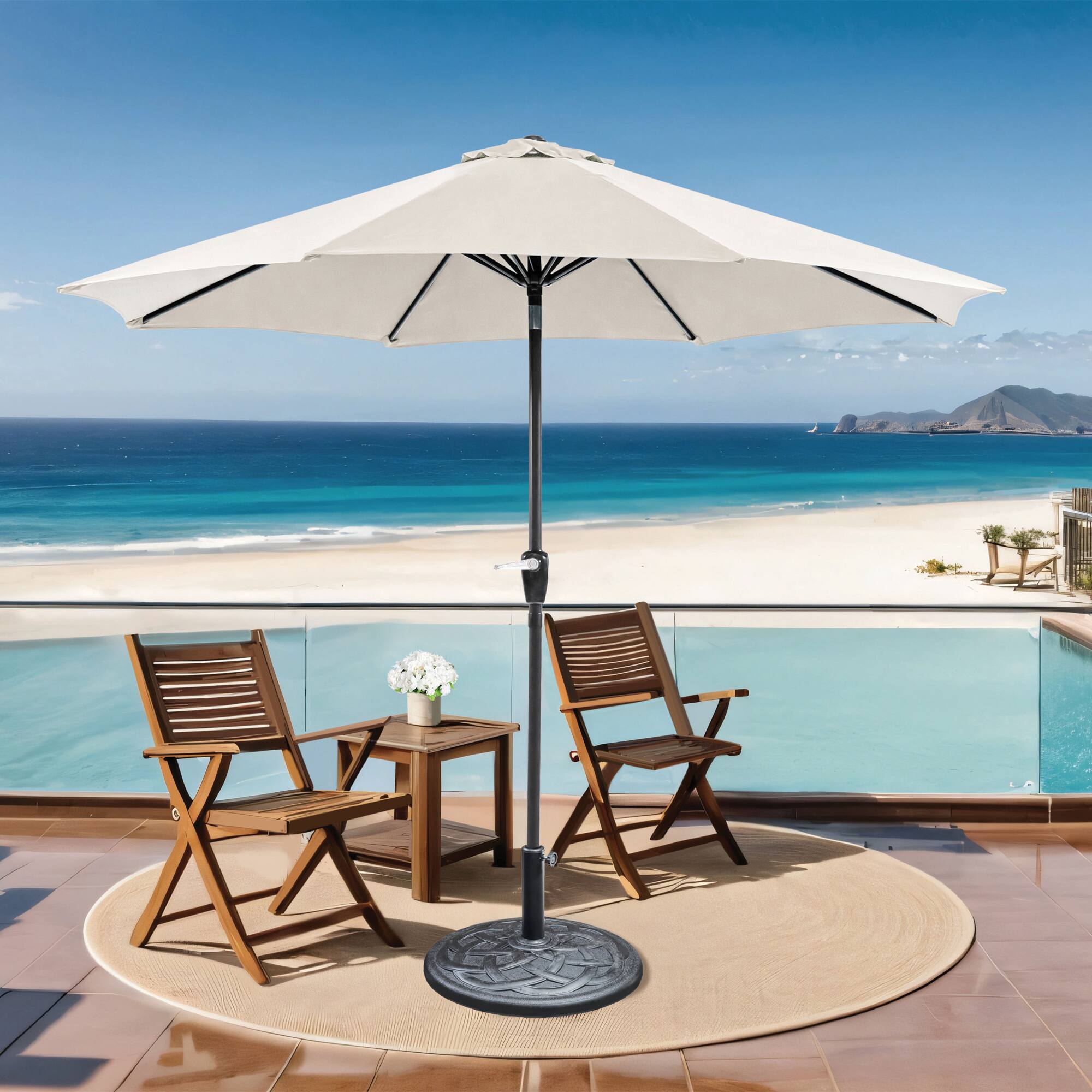 Left. Vaczon - 9-Foot Outdoor Patio Umbrella with Auto Tilt, Fabric Canopy, Steel Frame, 21" Round Base Included - Beige.