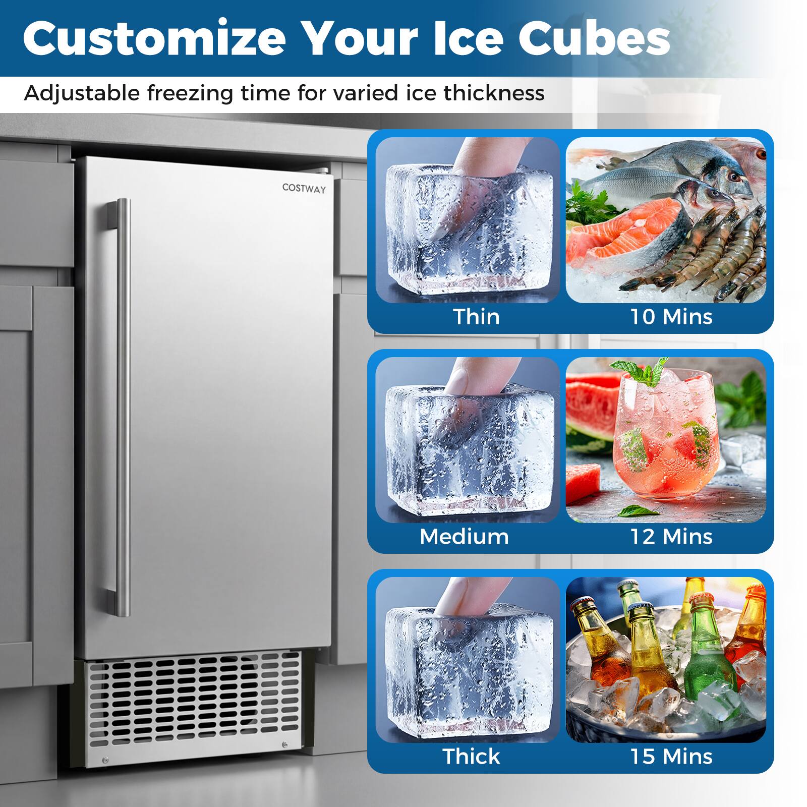 Customize Your Ice Cubes

Adjustable freezing time for varied ice thickness

- Thin: 10 Mins
- Medium: 12 Mins
- Thick: 15 Mins