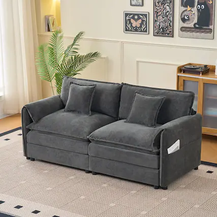 Front. Boyel Living - Modern Minimalist Grey Chenille Sofa with Side Storage Pockets 2-Seat - Grey.