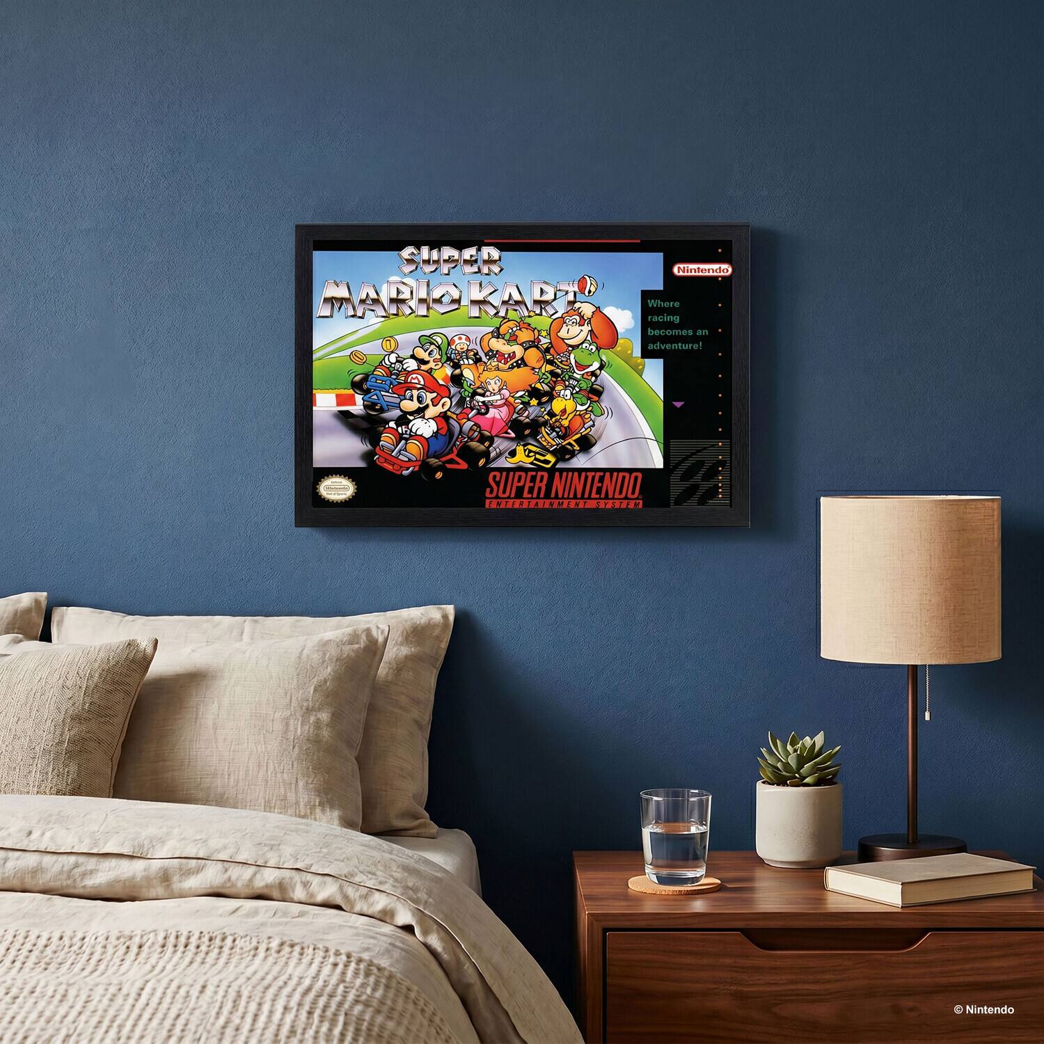 SUPER Nintendo MARIOKART Where racing becomes an adventure!  
SUPER NINTENDO ENTERTAINMENT SYSTEM  
Nintendo