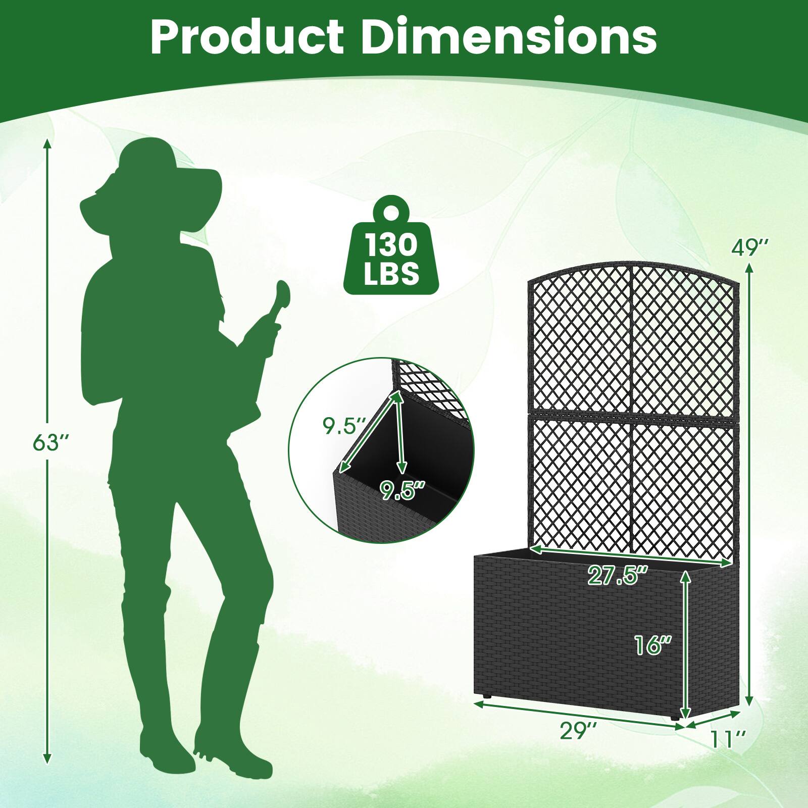 Product Dimensions: 130 LBS, 49", 63", 9.5", 9.5", 27.5", 16", 29", 11"