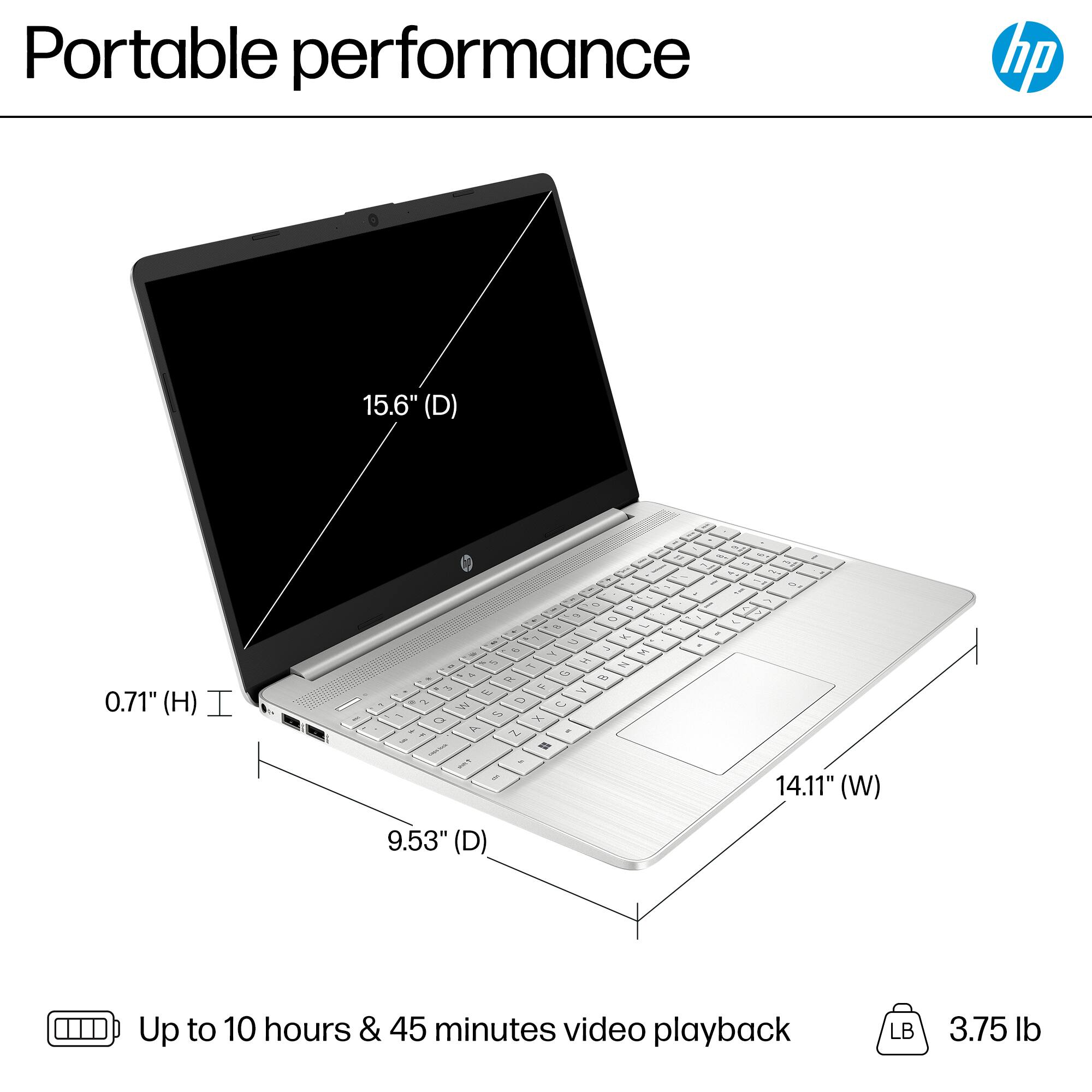 Portable performance HP 15.6" (D) 0.71" (H) I-E-A-A-A-A-2 N-I-A-4 2 ch - P > or E a C - O x . d 2 a - 11 e - . - . I - - - / - a 14.11" (W) 9.53" (D) Up to 10 hours & 45 minutes video playback LB 3.75 lb
