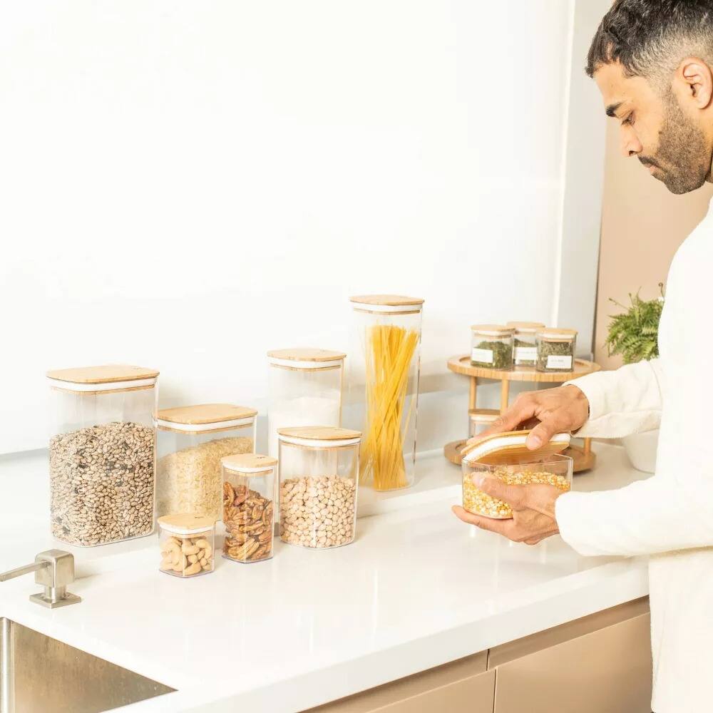 Back. OU - OU Food Storage Container Set 16pc (set of 8) Airtight Bamboo Lid Kitchen Pantry Organizer Jar - Clear.