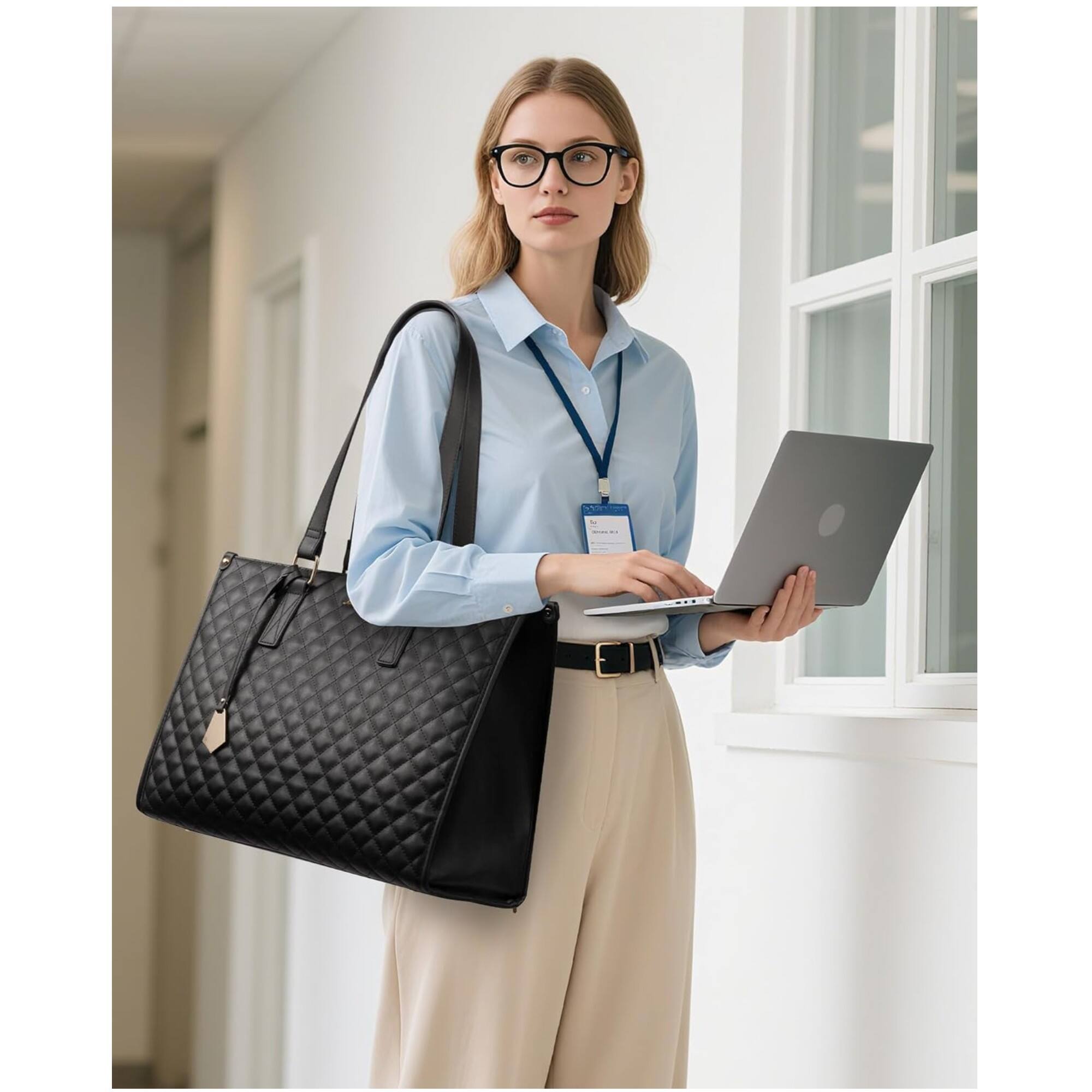 Alt View 1. LOVEVOOK - LOVEVOOK Lunch Tote Bag for Women, 15.6 inch Laptop Bag with Insulated Lunch Compartment, Computer Handbag with Purse - Black.