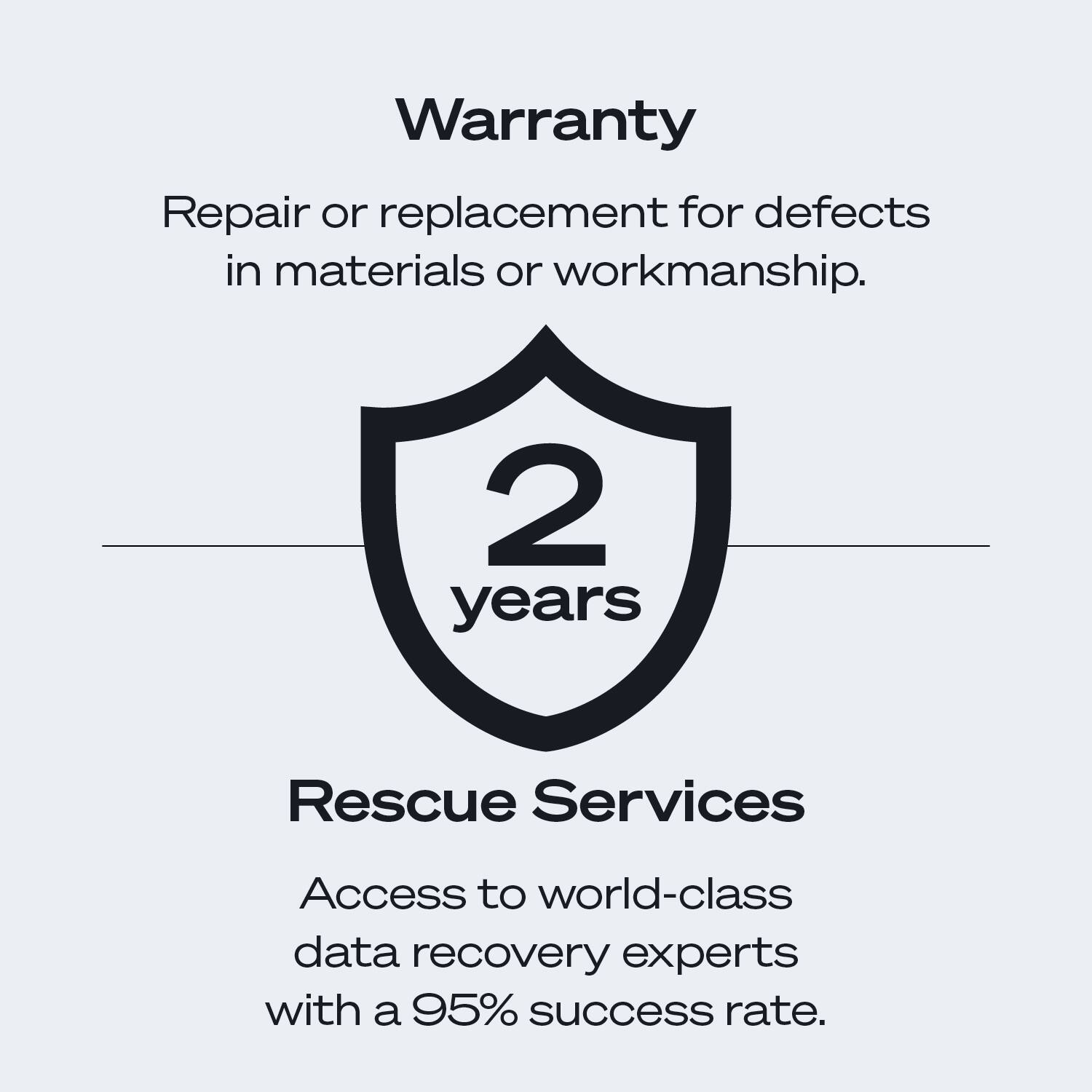 Warranty  
Repair or replacement for defects in materials or workmanship.  

2 years  

Rescue Services  
Access to world-class data recovery experts with a 95% success rate.