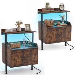 Gymax - 2PCS Nightstand Wall-mounted Bedside Table w/ LED Lights & Charging Station Rustic Black - Brown