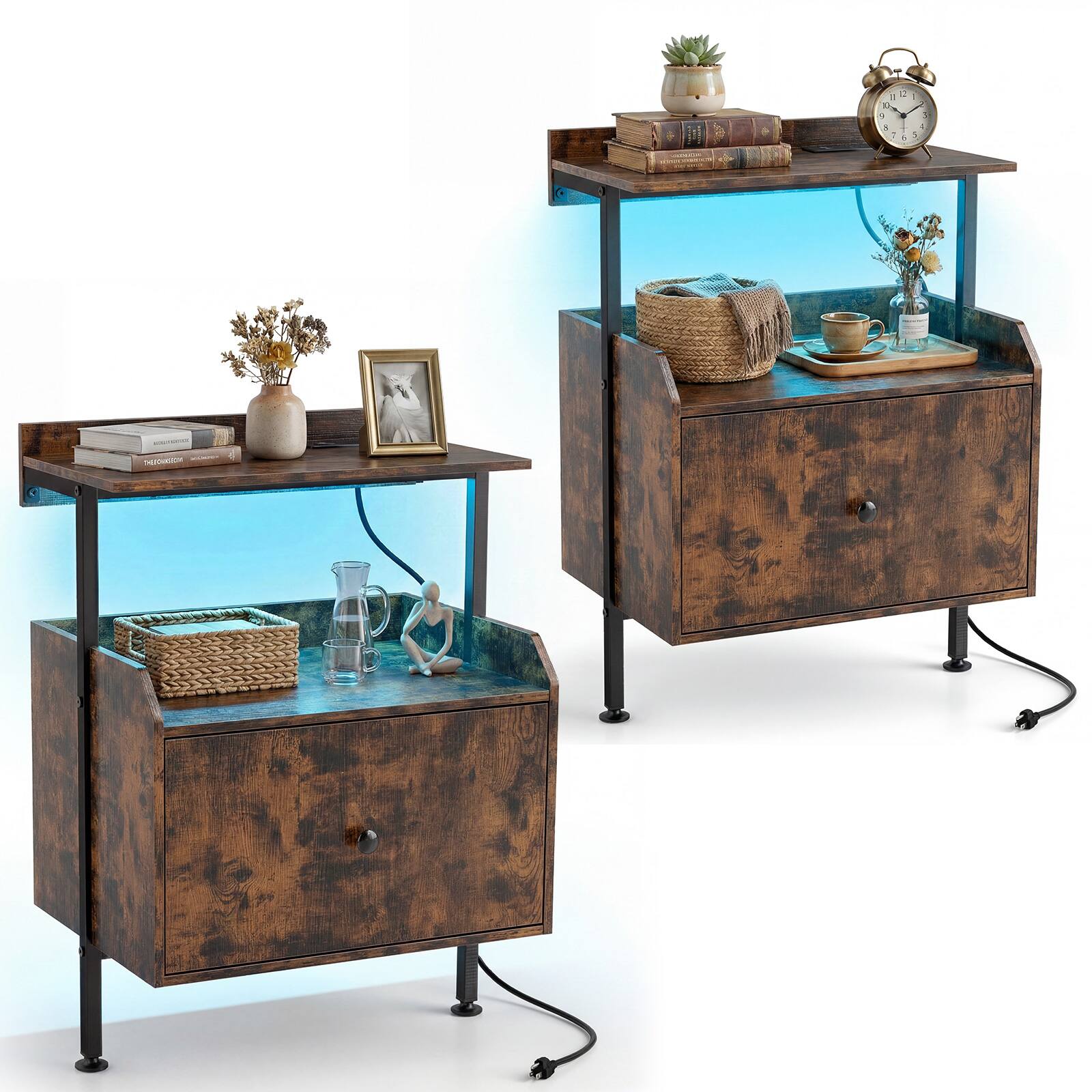 Front. Gymax - Gymax 2PCS Nightstand Wall-mounted Bedside Table w/ LED Lights & Charging Station Rustic Brown & Black - Brown.